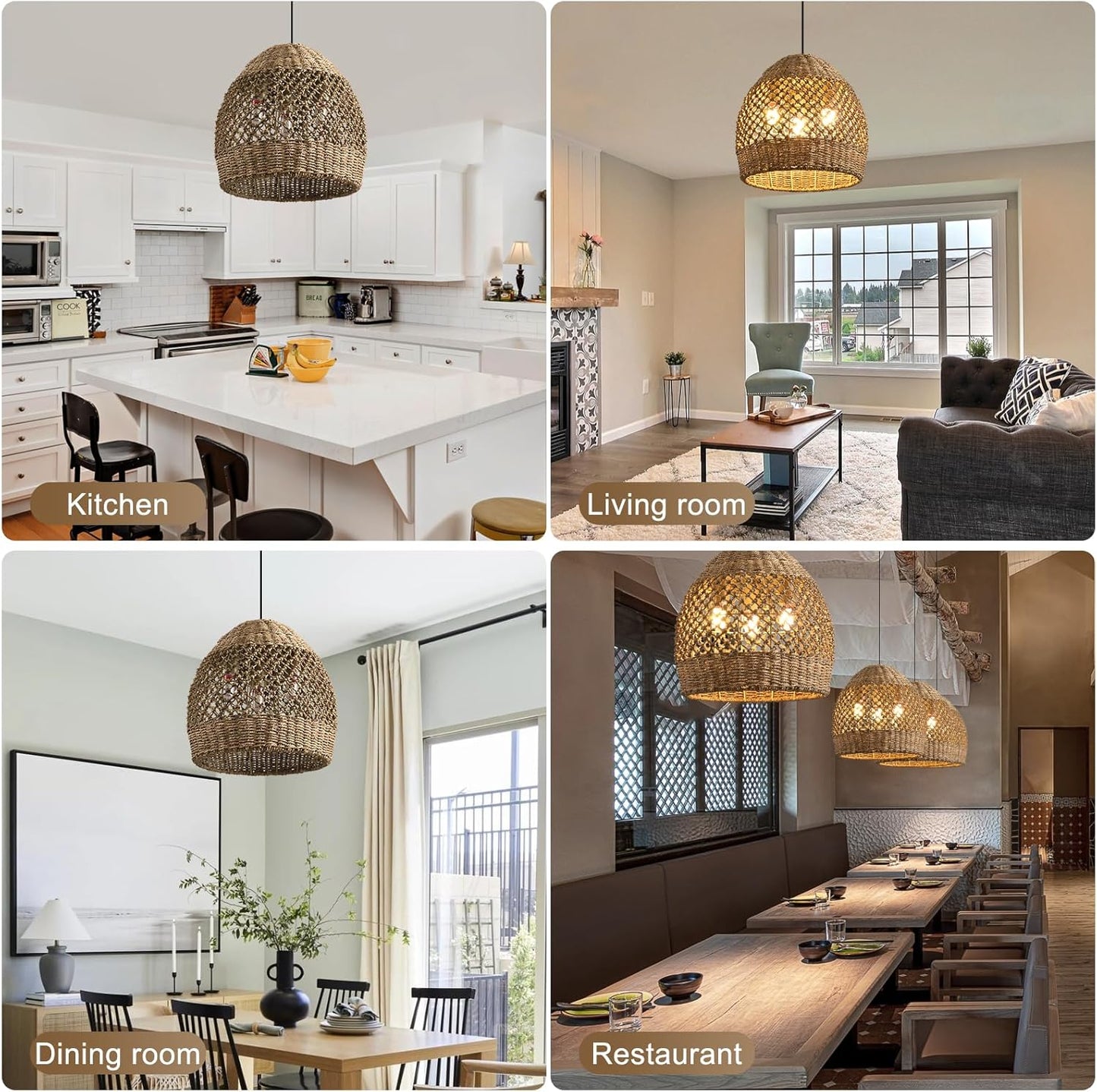 Rattan Pendant Fixtures, 13.39" Boho Wicker Chandelier,3-Light Hand-Woven Seagrass Ceiling Hanging Lights for Kitchen Islands, Dining Rooms, and Farmhouses.