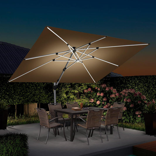 PURPLE LEAF 9' X 12' Double Top Deluxe Solar Powered LED Rectangle Patio Umbrella Offset Hanging Umbrella Outdoor Market Umbrella Garden Umbrella, Beige