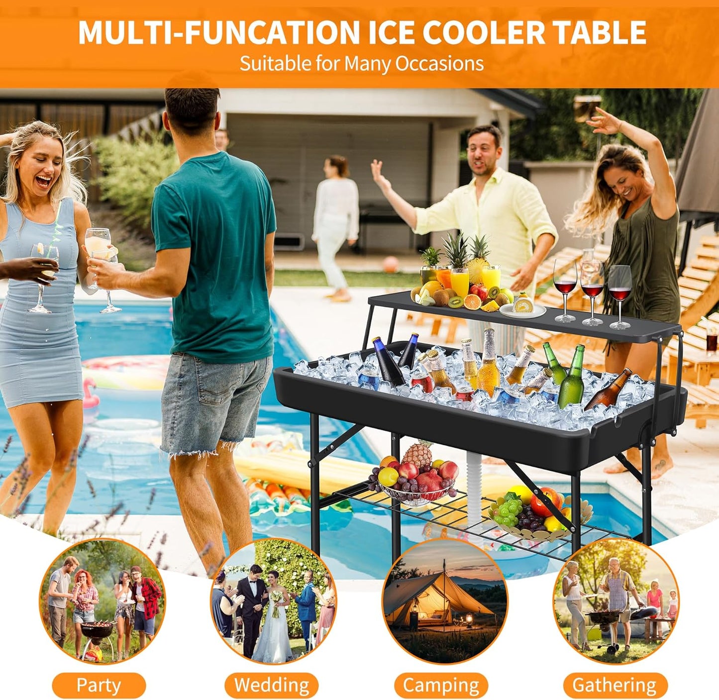Portable Folding Ice Cooler Table - Two-Tier Outdoor Cooler Table with Removable Matching Skirt and Shelf, Ice Tables for Party, Camping, Picnic, Foldable Self-Serving Beverage Cooling Bar(Black)