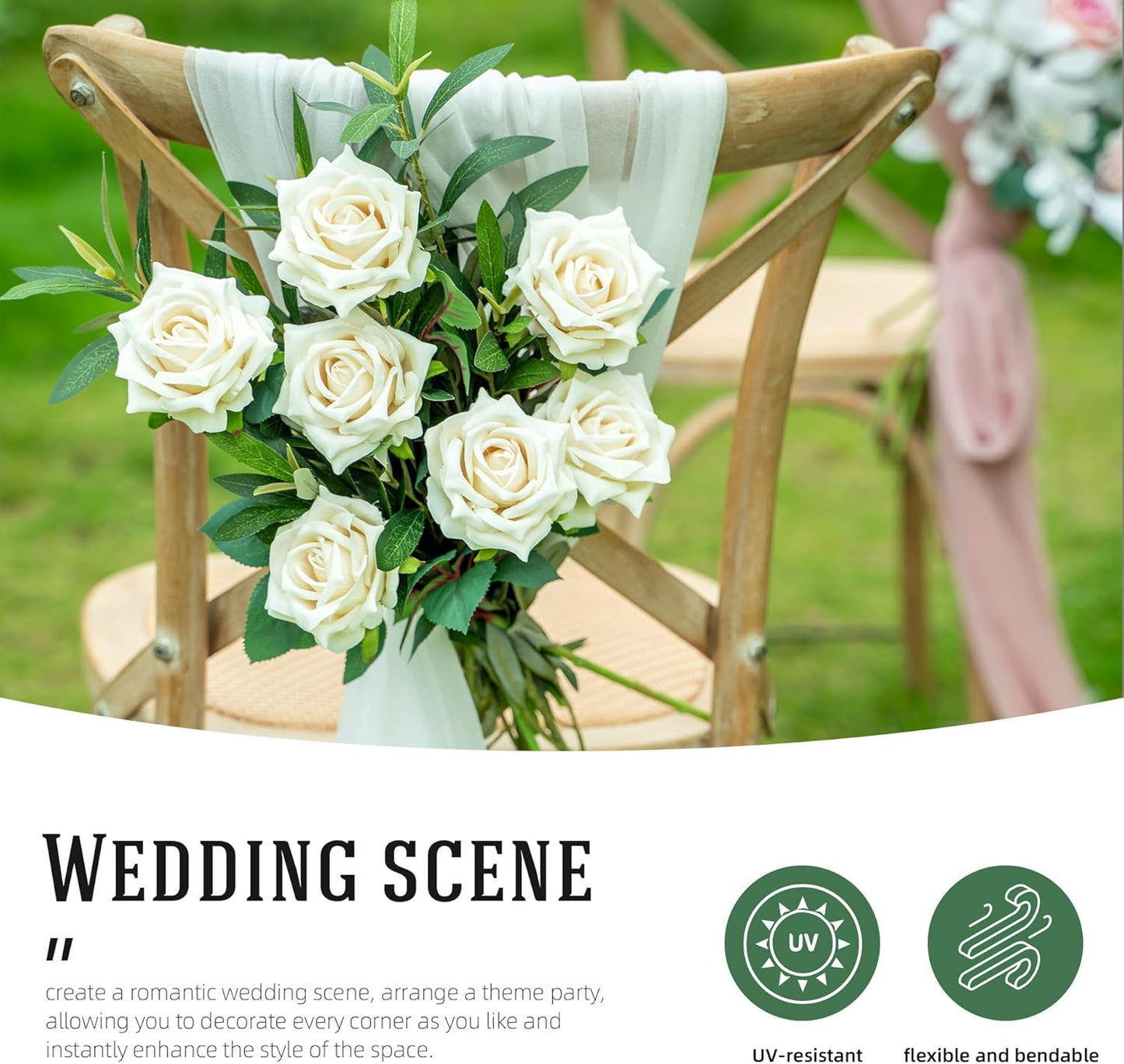 Fake Roses Faux Flowers 24PCS Silk Roses Artificial Roses with Stems Realistic Artificial Flowers Suitable for Indoor Home Decoration DIY Bouquet Wedding Decor Party Decor 16.5In (White)