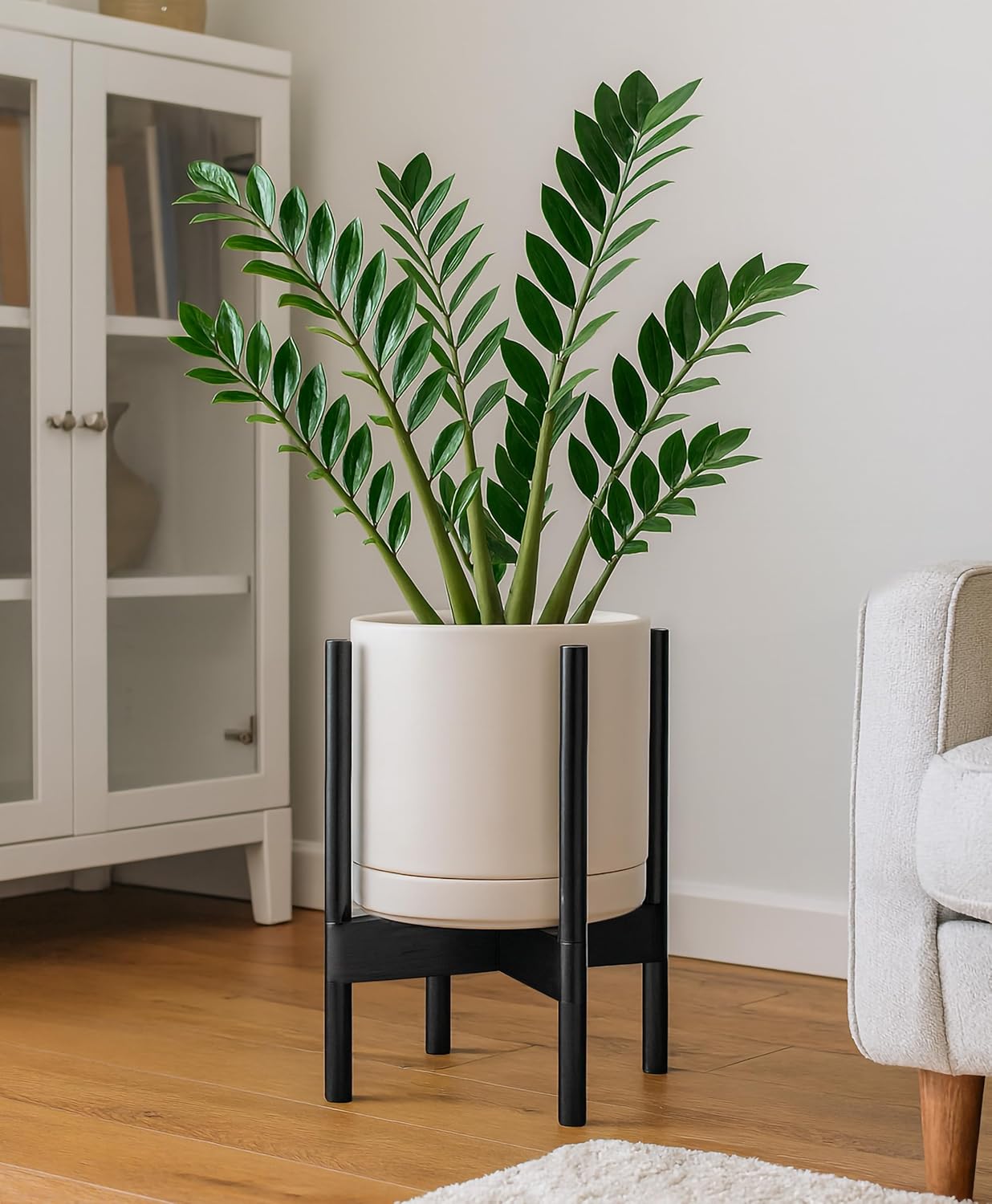 D'vine Dev Ceramic Planter with Ebony Stand - 10 Inch Modern Round Flower Pot with Wood Planter Holder, Oatmeal, 55-B-L-8