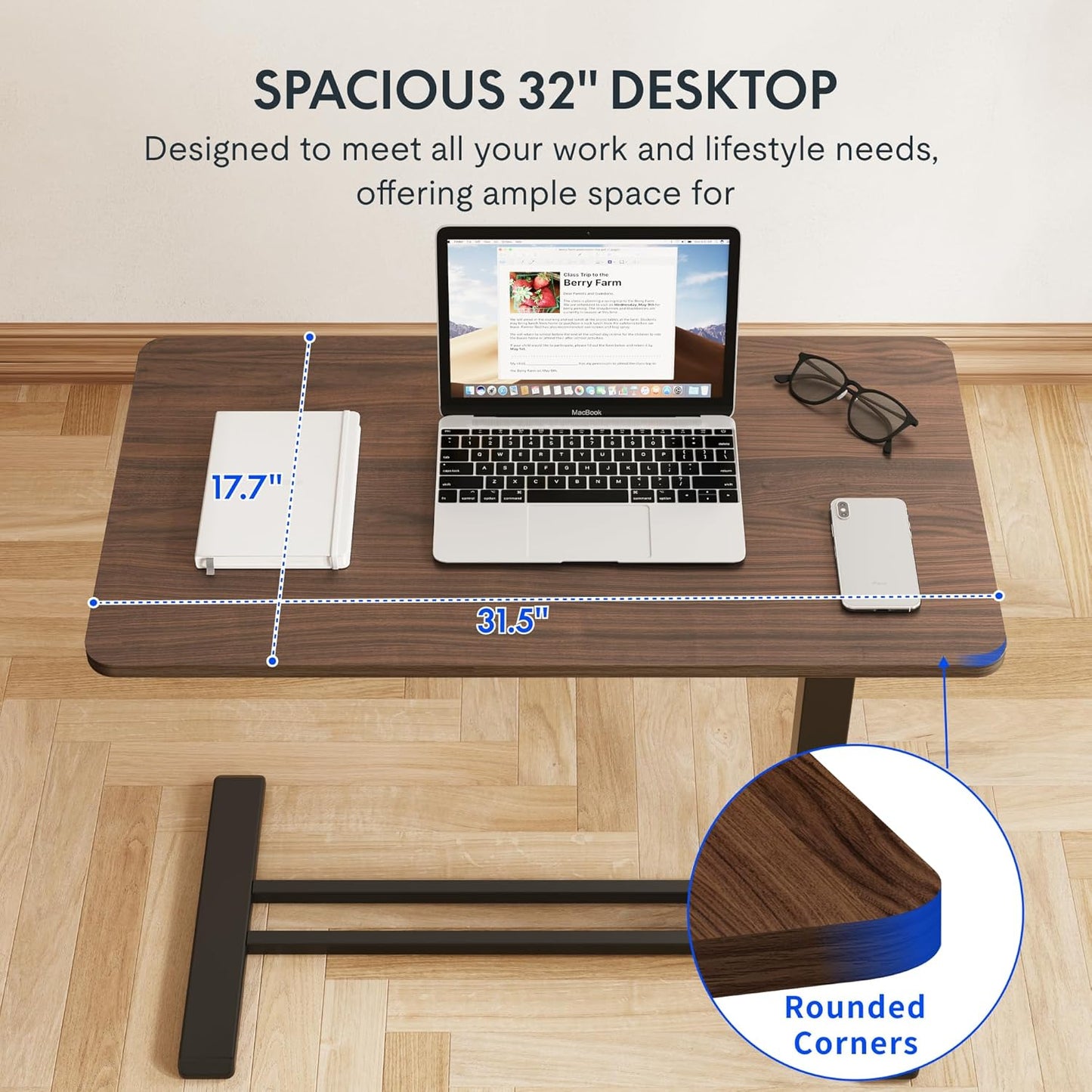 FLEXISPOT Adjustable C Table with Wheels, Mobile Snack Side End Table Sofa Couch Bedside Table Laptop Rolling Cart TV Tray Night Stand for Small Space Side Table(27.6" W x 15.7" D,Rustic Brown)