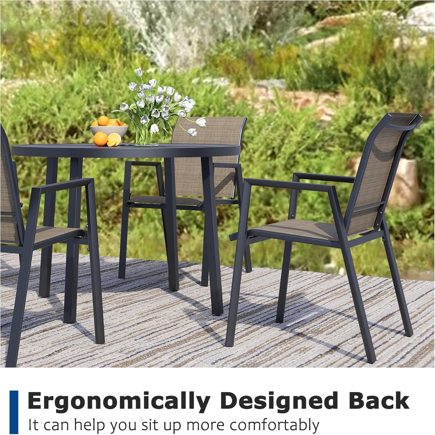 Outdoor Patio Chairs Set of 2, Mocha Stackable Outdoor Chairs, Lightweight Patio Set with High Back, Metal Dining Chair for Lawn, Garden, Yard and Deck