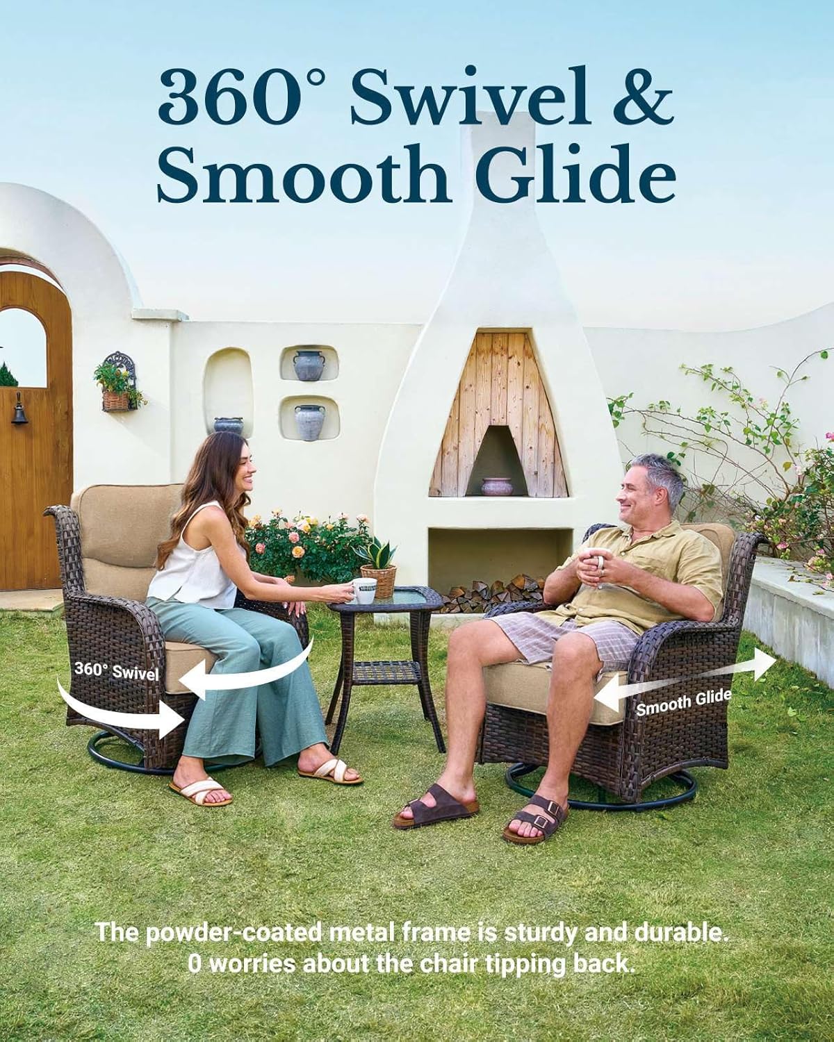 HILLGA Luxury Patio Furniture Set with 6-Inch Thick Cushions, High Back Outdoor Swivel Rocker Chairs and Table, 6-Piece All Weather Conversation Set for Porch Deck Balcony Yard, Beige (V3)