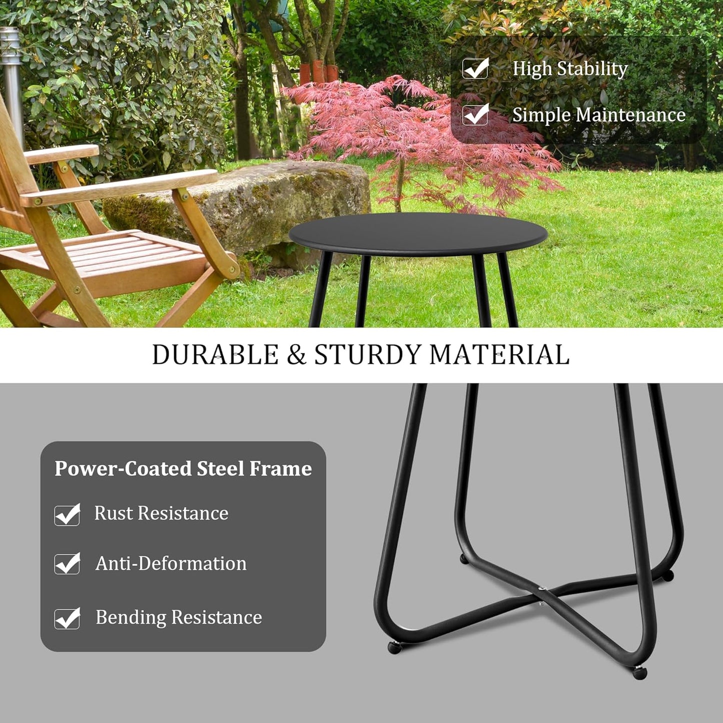 Patio Side Table Waterproof Round Metal Steel Weather Resistant Portable Outdoor and Indoor End Table for Garden Balcony Yard, Black