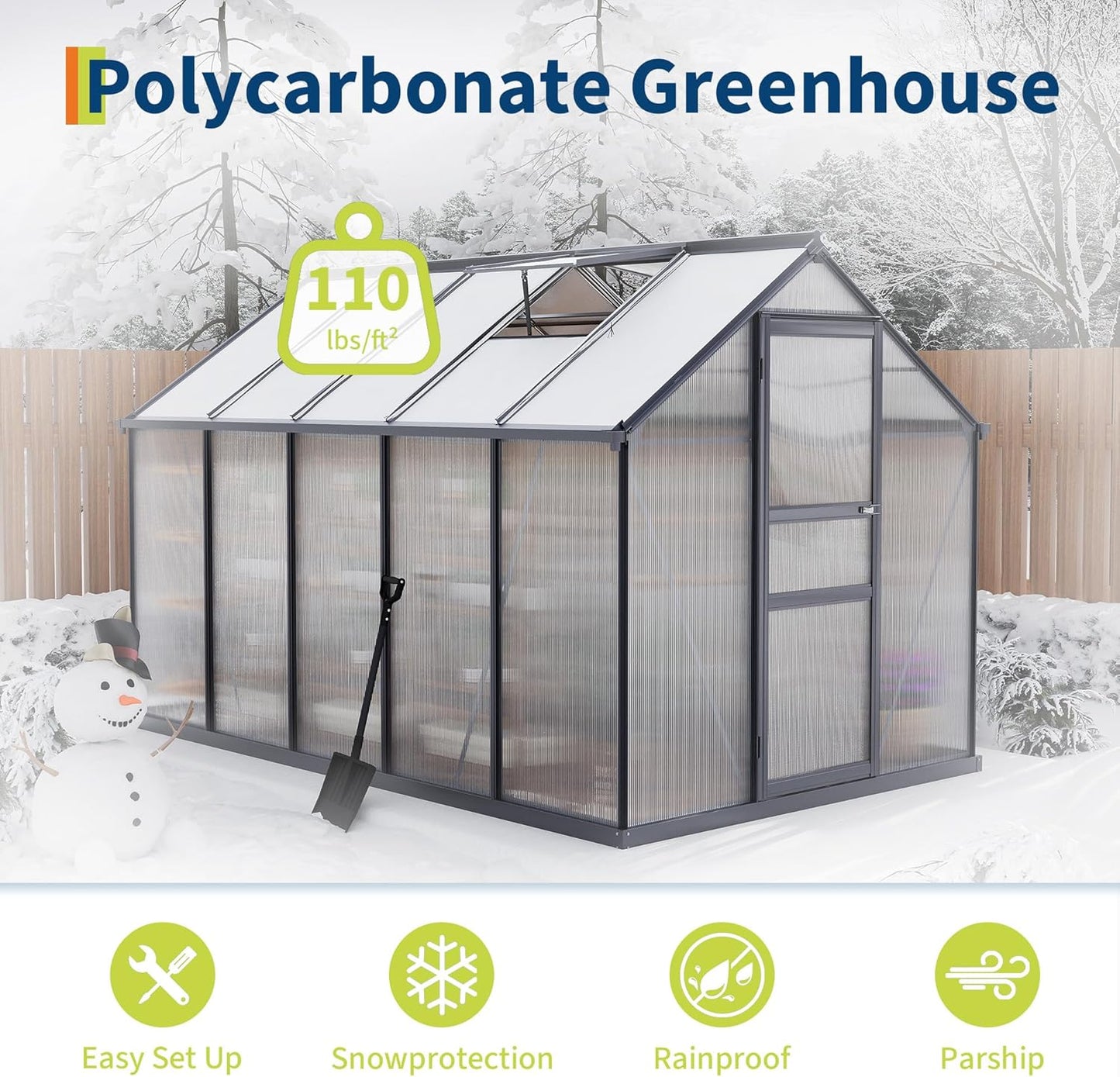 6*10 FT Outdoor Walk-in Greenhouse, Polycarbonate Green House, Heavy Duty Greenhouse with Vented Roof Window, Windproof Aluminum Frame, Suitable for Outside Gardening, Backyard, Patio