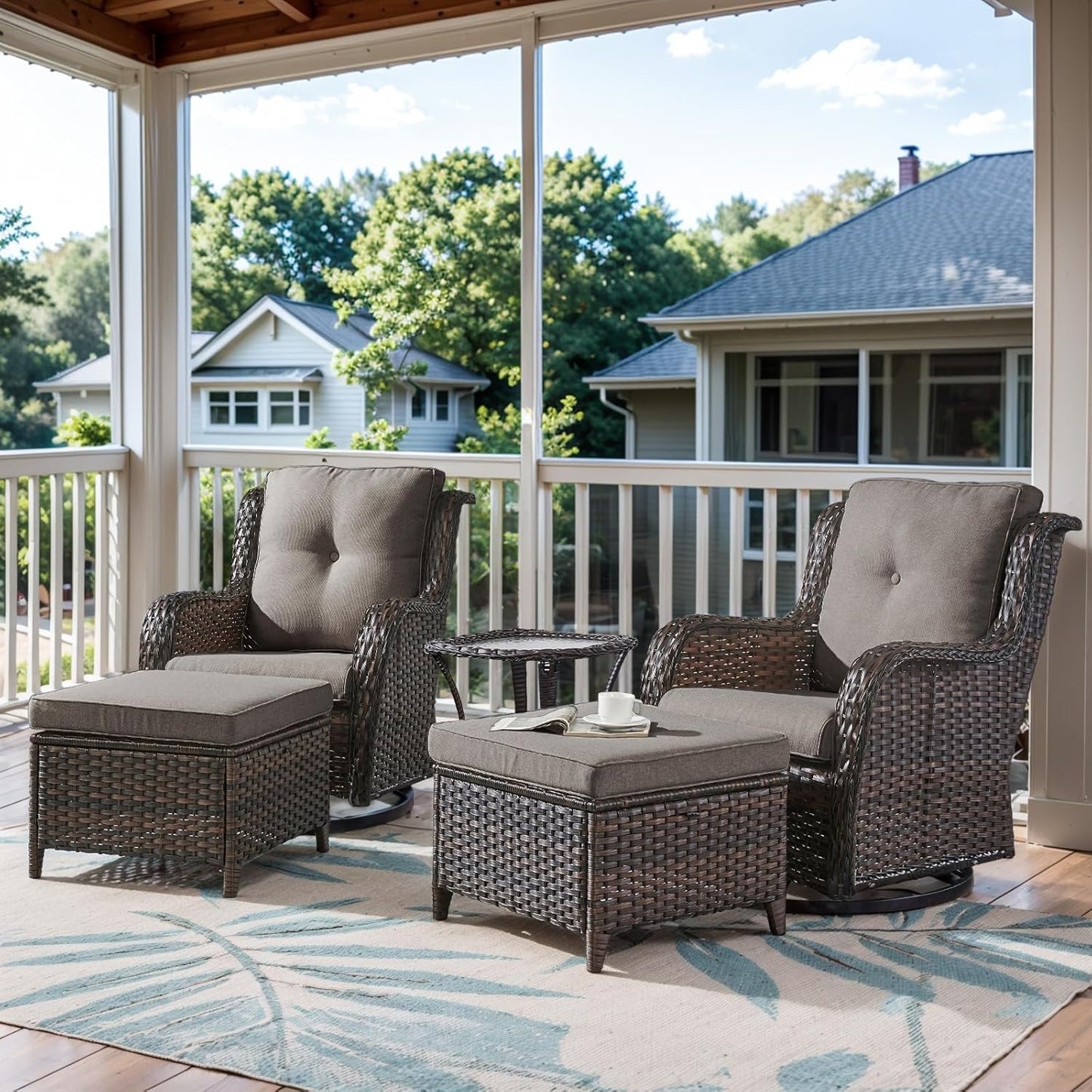 5 Pieces Patio Furniture Sets Wicker Outdoor Furniture, Rattan Patio Swivel Glider Chairs with 2 Ottoman and Glass Side Table
