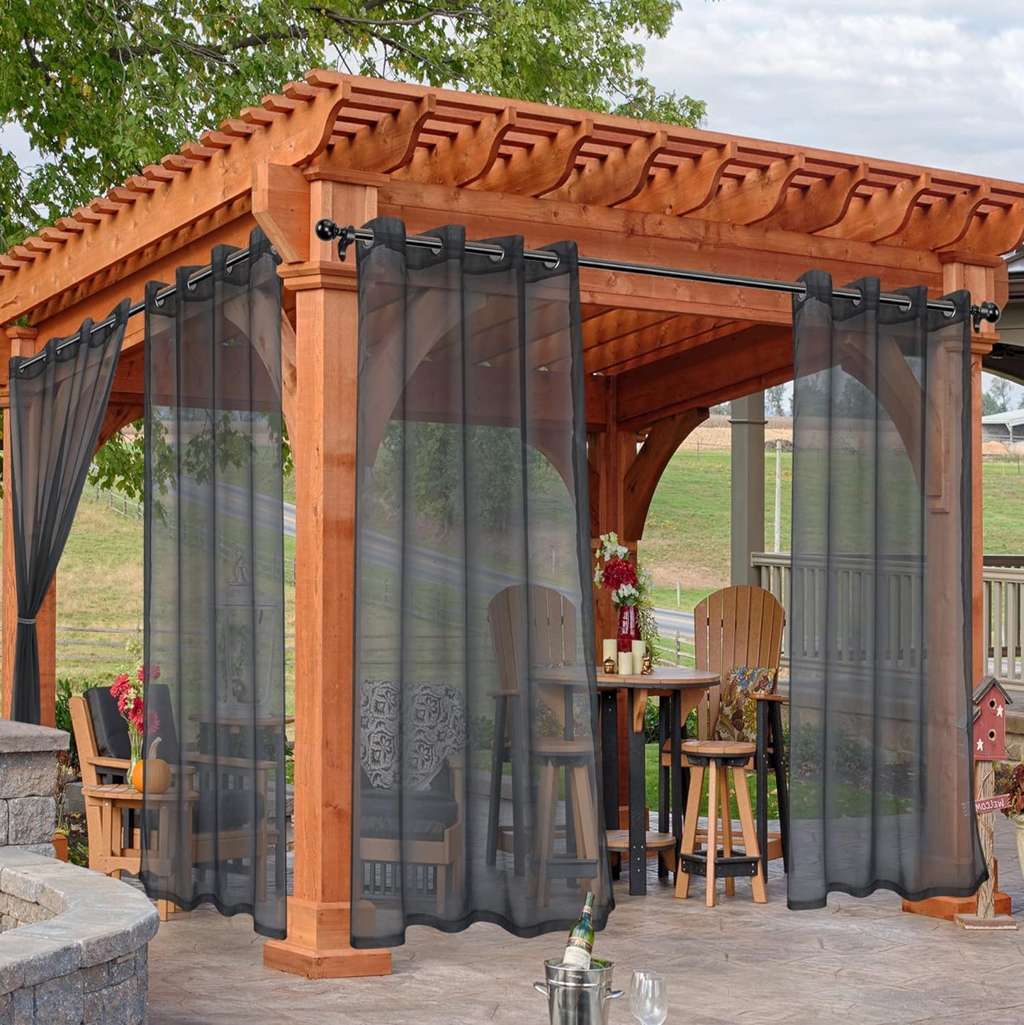 HolidayIdeas Outdoor Sheer Curtains for Patio Waterproof, 4 Panels - 54 x 95 Inch - Grey Light Filtering Voile Outside Curtains Grommet Drapes for Front Porch, Gazebo, Pergola, Backyard