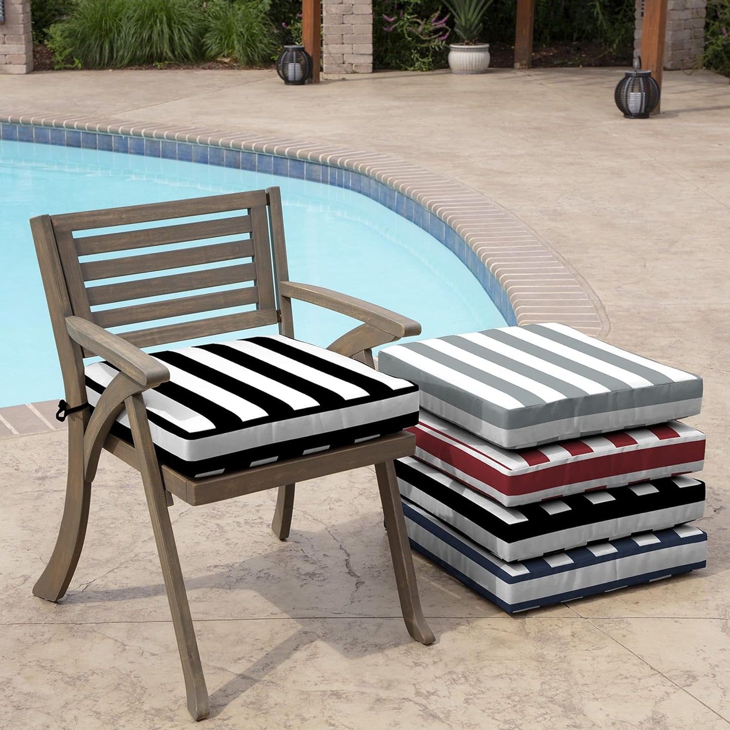 Arden Selections Outdoor Wicker Chair Cushion, 20 x 18, Rain-Proof, Fade Resistant 21 x 21, Black Cabana Stripe (Pack of 4)