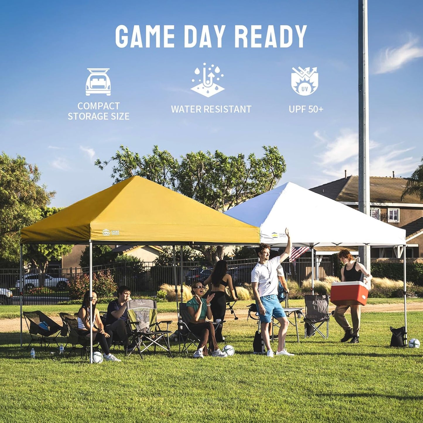 CROWN SHADES 8x8 Pop Up Canopy - Beach Tent with One Push Setup - Easy Outdoor Sun Shade for Events, Parties, Camping - Gazebo with STO-N-Go Cover Bag, Silver Coated Top, Yellow