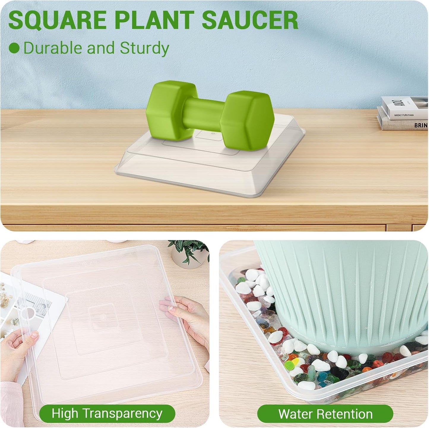 GREANER 14 Inch of Plastic Plant Saucer, 6 PCS Durable Plant Trays for Indoors, Square Plant Water Dray Tray, Plant Water Catcher Drip Dishes, Clear Drip Trays for Indoors & Outdoor Plants