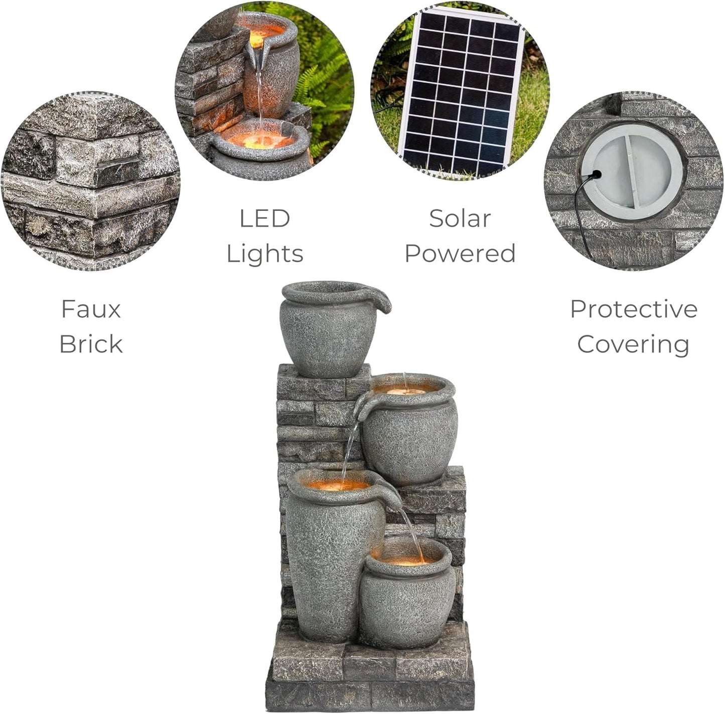 Teamson Home 30.7" 4-Tier Cascading Bowl Solar Powered Water Fountain for Outdoor Living Spaces, Gray