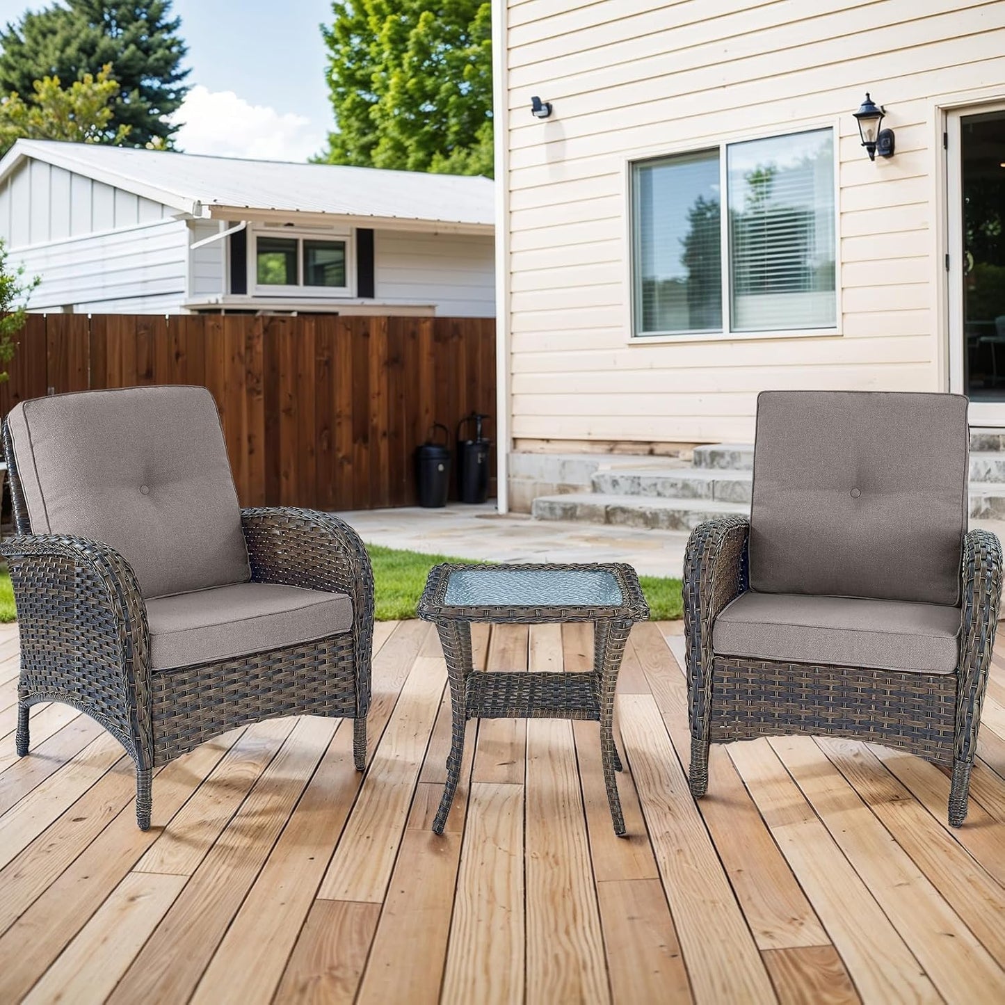 HUMMUH 3 Pieces Patio Furniture Set Outdoor Wicker Bistro Rattan Chairs with Glass Top Side Table and Thickened Cushions for Porch Deck Backyard Poolside