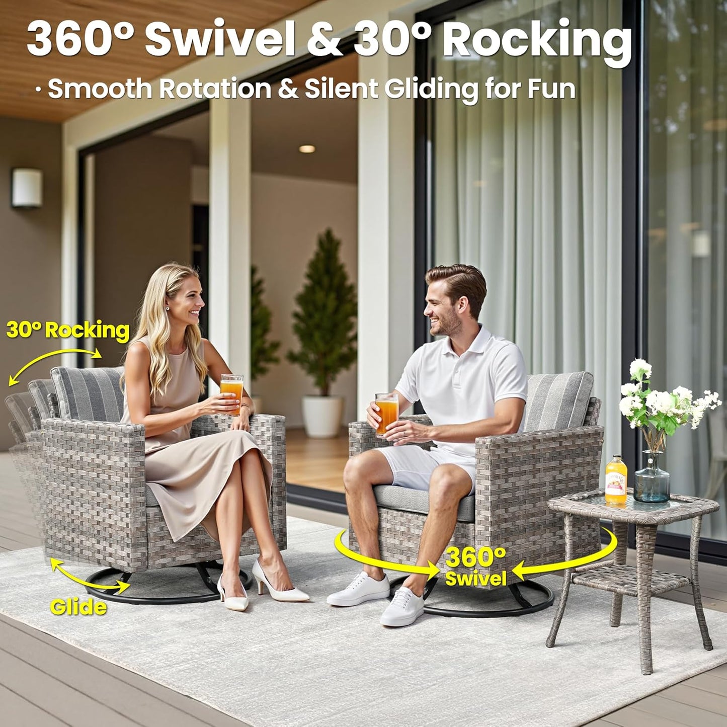 ovios 10 Pieces Patio Furniture Set, Outdoor Wicker Sectional Sofa with 30" Fire Pit Table Swivel Chairs, Modern Modular Deep Seat Rattan Couch Conversation Sets, Dark Gray Stripe