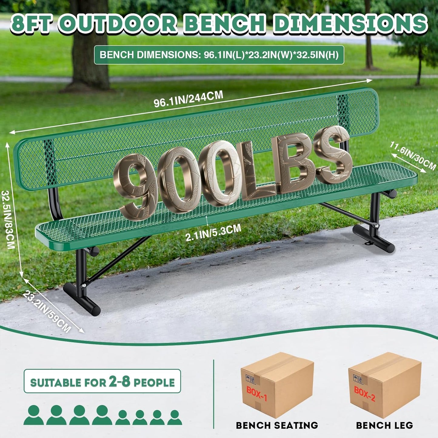 Thermoplastic Coated Iron Park Bench for Outside, Heavy Duty Metal Garden Bench, Expanded Commercial Grade Seating for Shopping Malls, Lawn Yard Porch Entryway (Green with Backrest, 96IN)