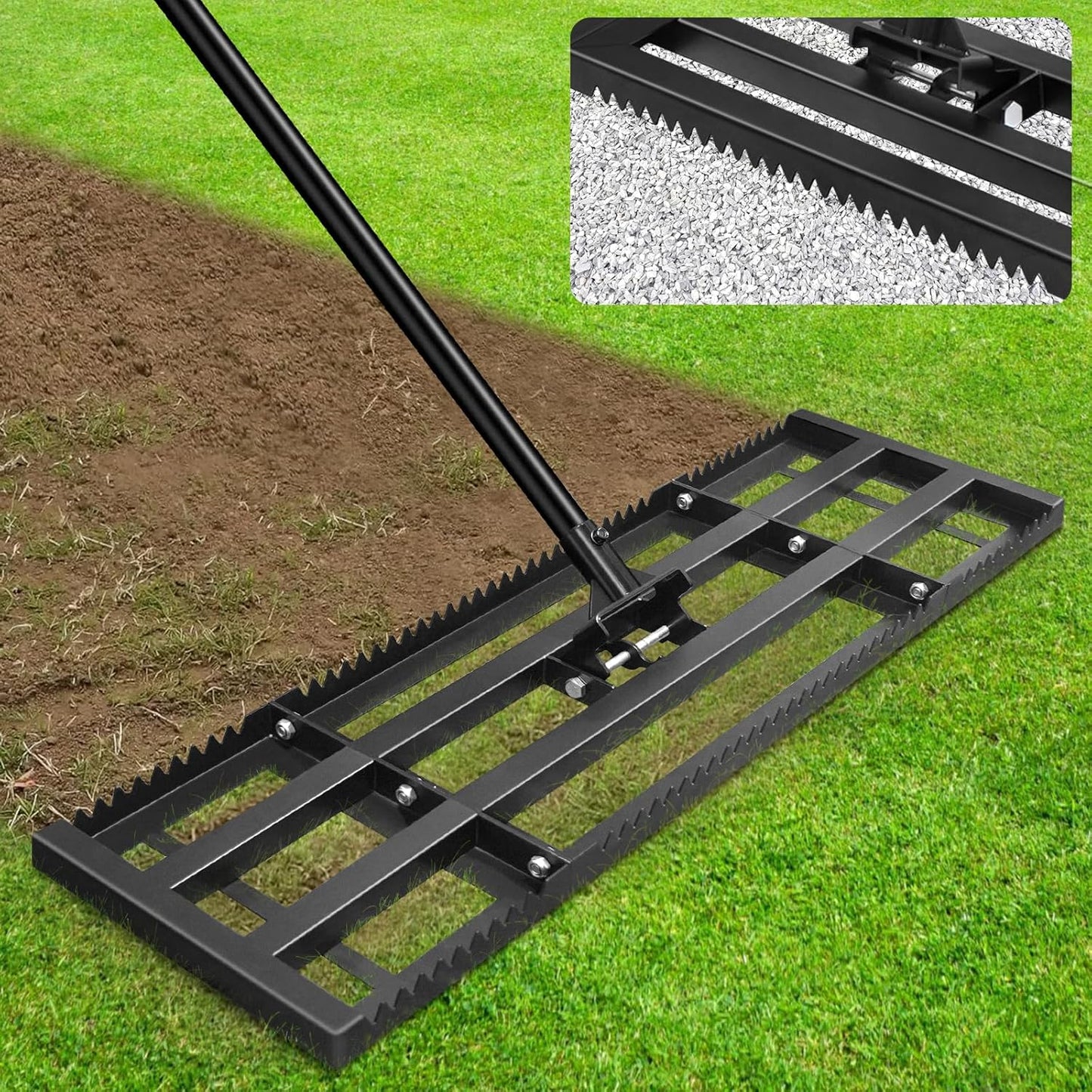 Lawn Leveling Rake-32"x10" Heavy Duty Leveler Reinforced Landscape Tool, Steel Golf Rake with Serrated Edge & Smooth Plate for Level Soil Compost Sand Grass Dirt Yard Garden 6.5FT Adjustable Handle