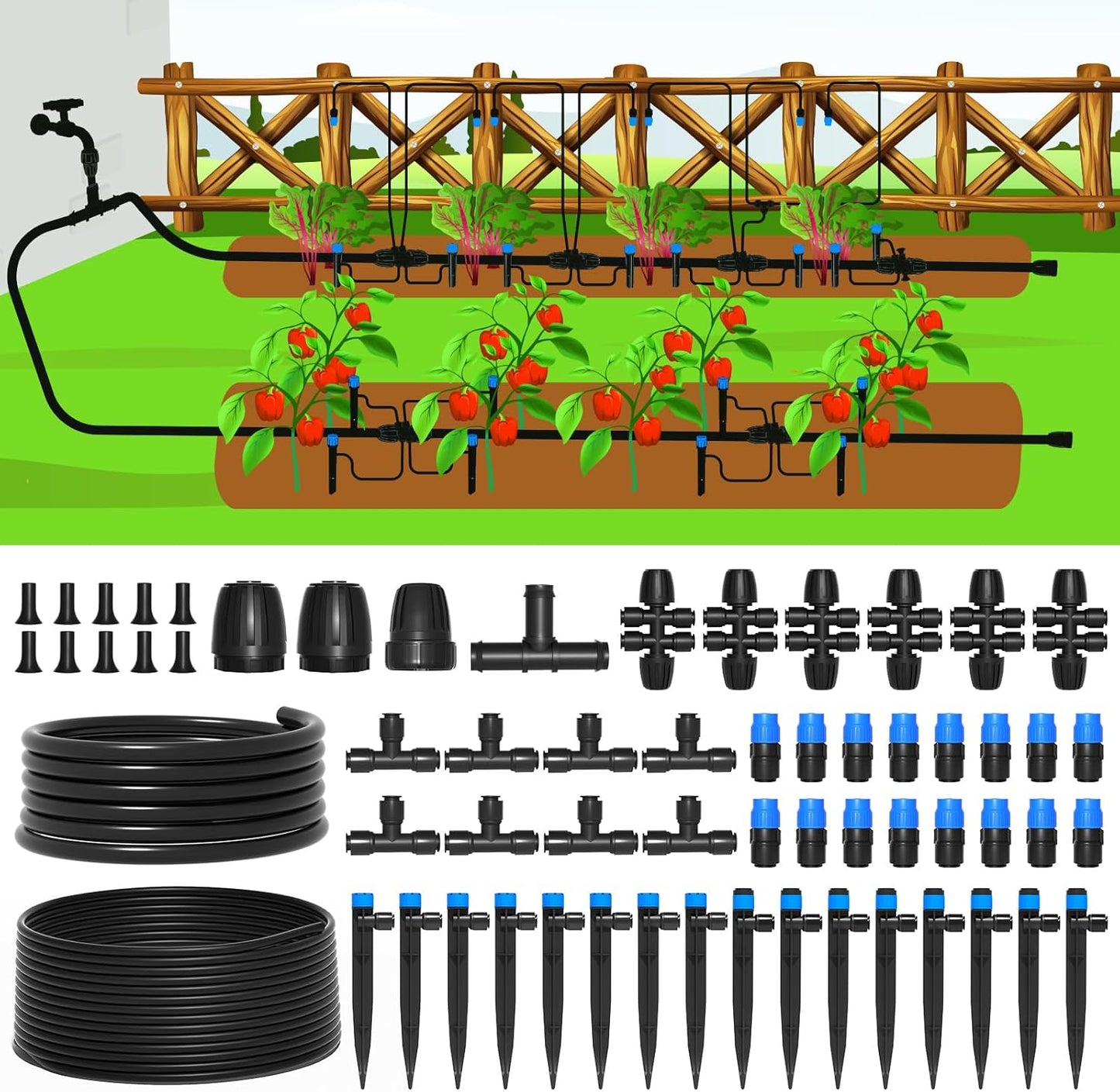 MIXC 247 FT Drip Irrigation System,Quick Connector Garden Watering System Automatic Sprinkler System Kit for Lawn Raised Bed Greenhouse Plant Watering System with 1/4'' Tubing,Drip Emitters,Connectors