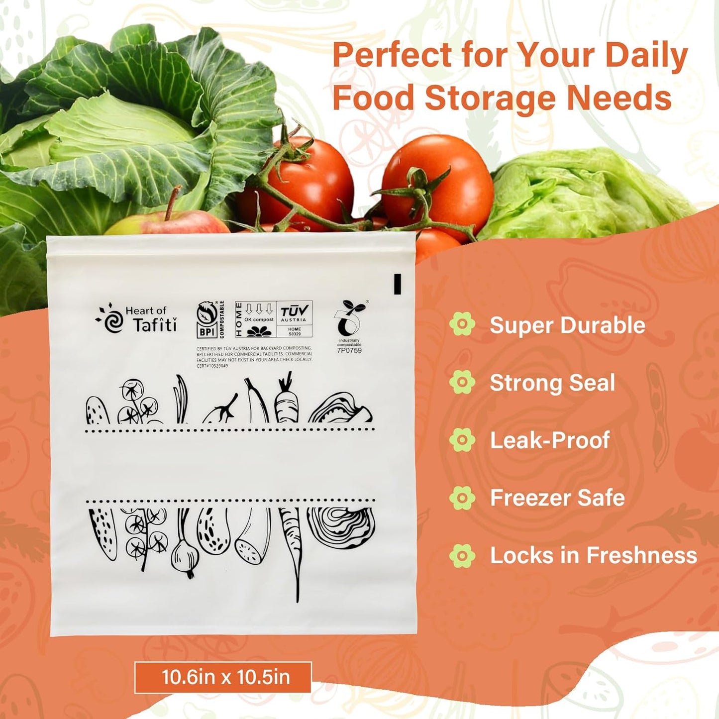 Compostable Food Storage Bags, Large Gallon Resealable Freezer Bags, 60 Count, 10.5 x 10.6 inches, Extra Thick and Reusable, Eco-Friendly, Certified US BPI ASTM D6400 Europe OK Compost