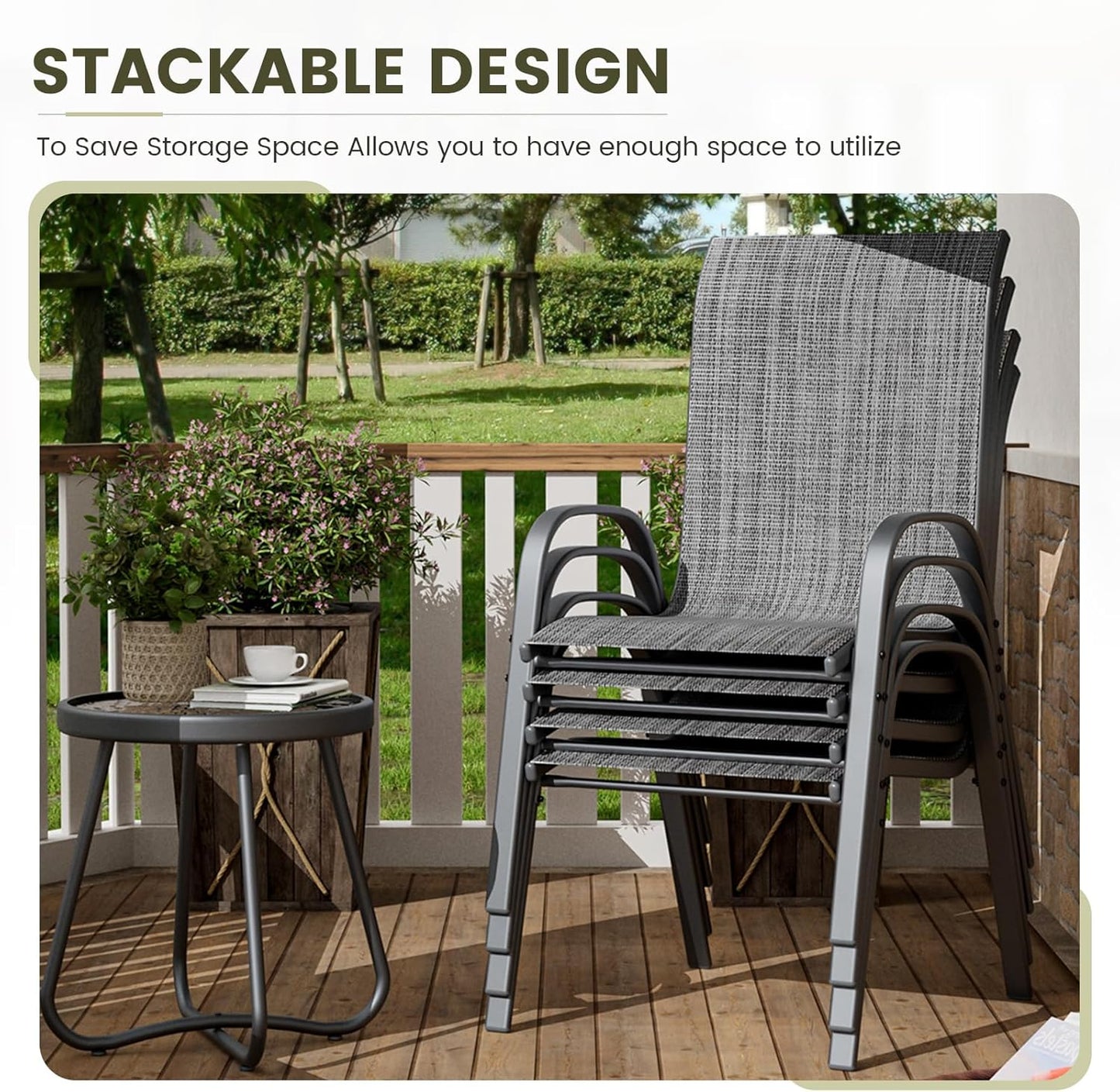 UDPATIO Patio Chairs Set of 4, Stackable Outdoor Dining Chairs with High Back, Breathable Textilene Fabric Outdoor Chair All Weather, 350LBS Capacity for Garden, Backyard (Dark Grey)