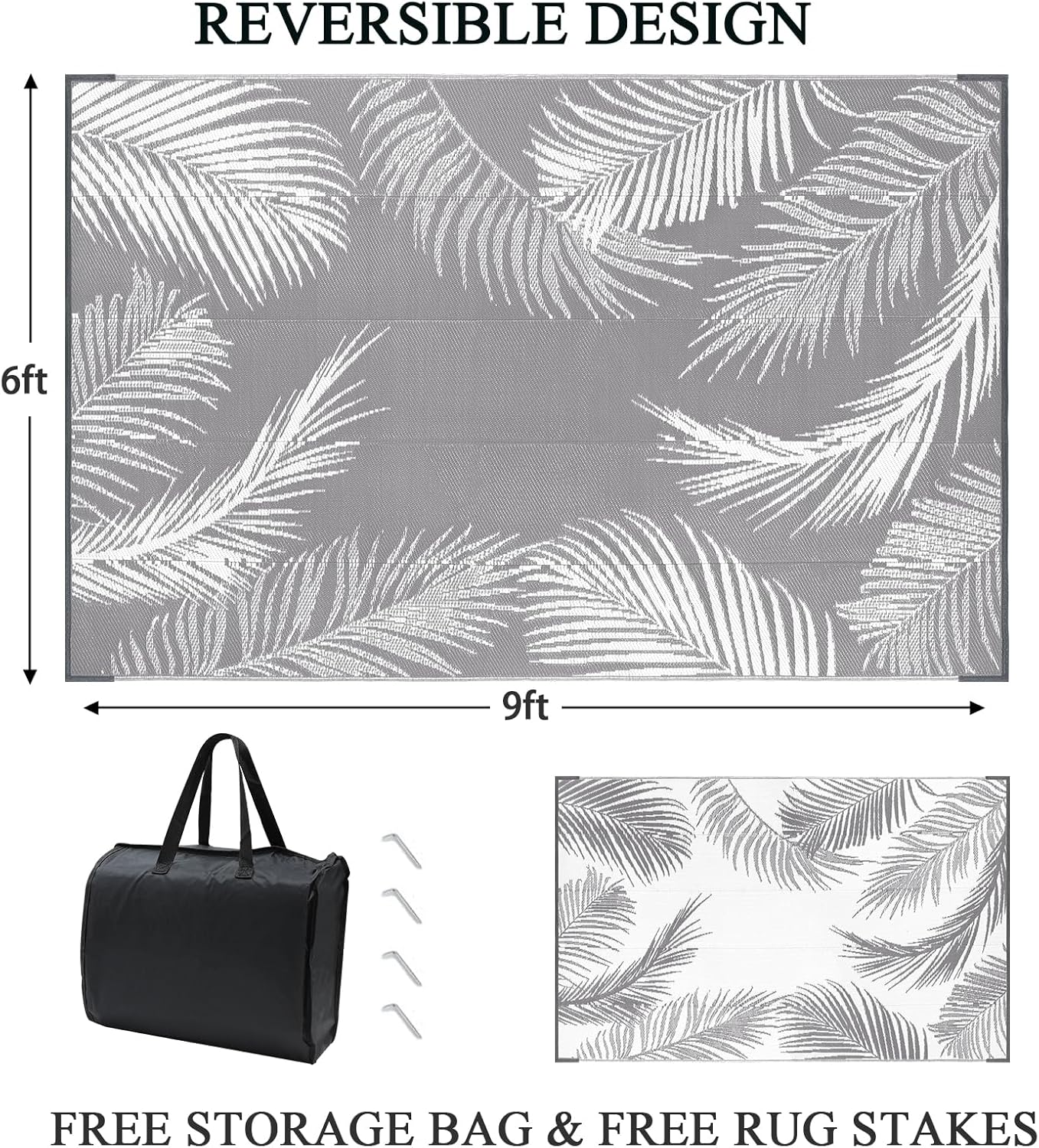 Pauwer Outdoor Rug, 6'x9', Leaf Grey, Reversible, Waterproof, Polypropylene, Lightweight, RV Mat, Patio Decor