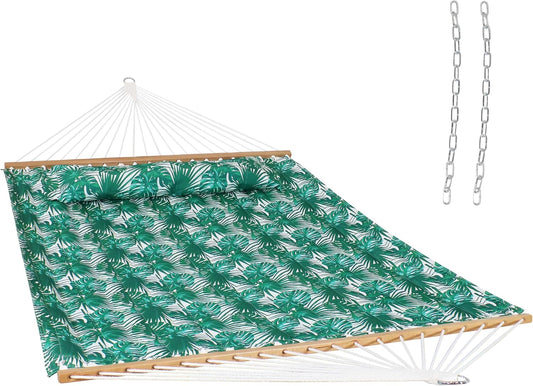 Sunnydaze Quilted Outdoor Hammock with Spreader Bars - Heavy-Duty 450-Pound Capacity Double Hammock for Outside - Green Palm Leaves