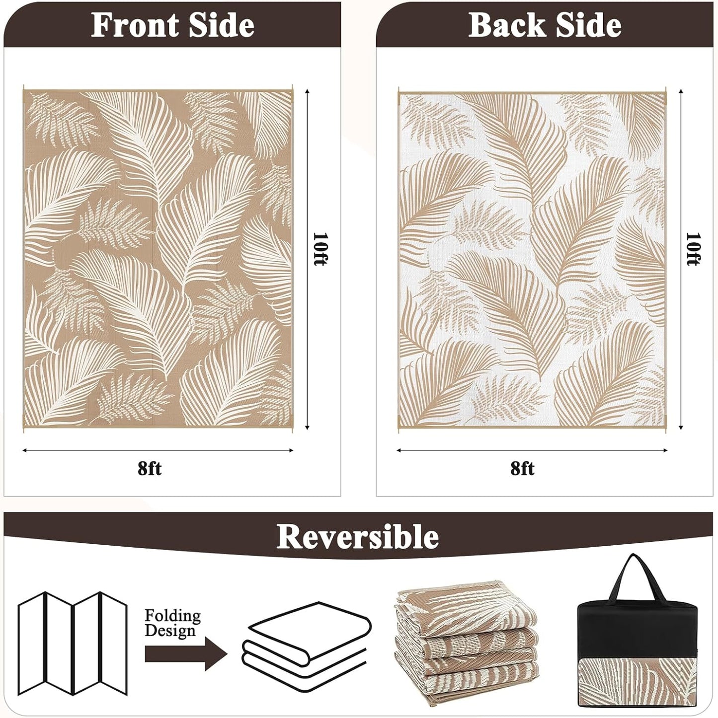 Pauwer Waterproof Outdoor Rug 8x10, Reversible Plastic Straw Patio Camping Rug, Indoor Outdoor RV Mat Carpet for Deck, Camper, Porch, Balcony, Backyard, Picnic, Leaf Brown