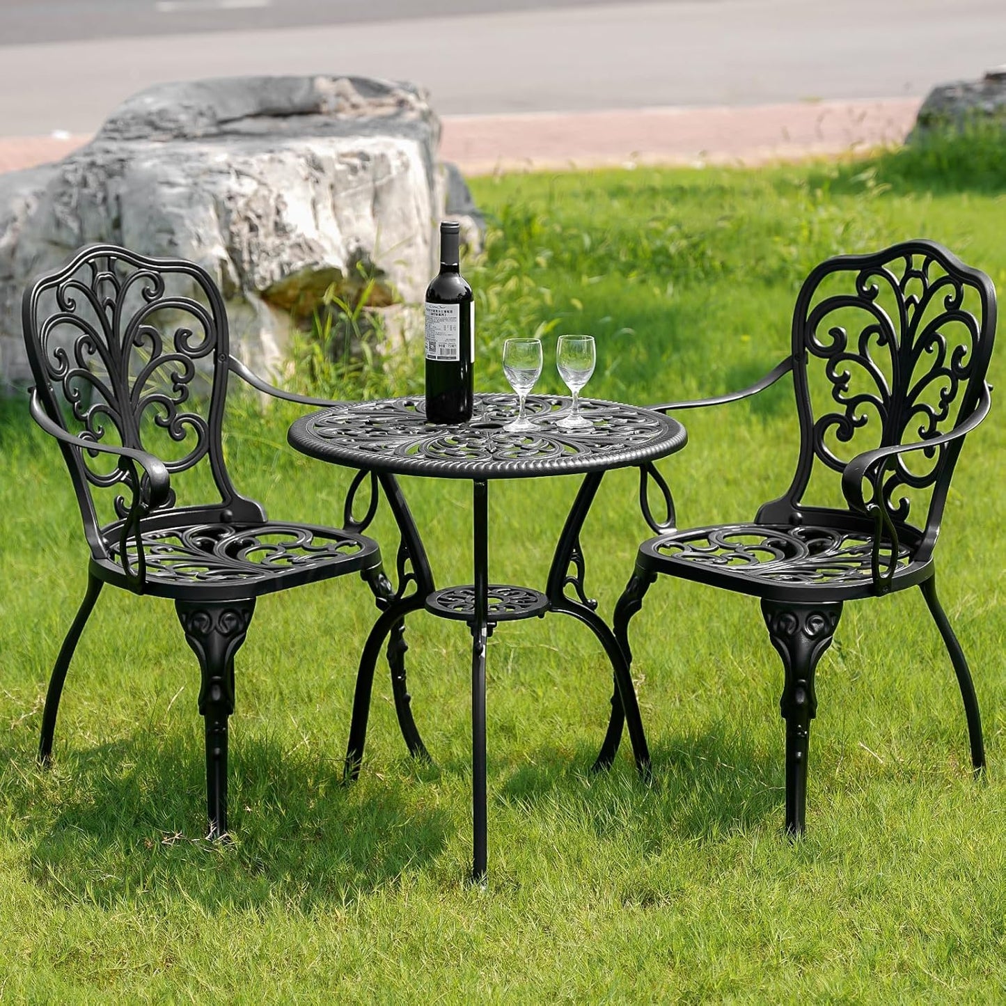 3 Piece Outdoor Bistro Set, Rustproof Outdoor Patio Furniture, Cast Aluminum Bistro Table Set with Umbrella Hole for Backyard, Balcony, Front Porch, Lawn, Pool (Black)