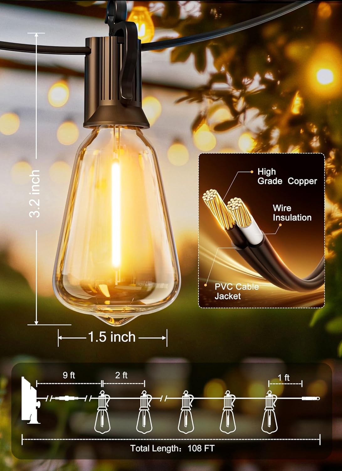 Brightown Solar Lights Outdoor Waterproof 108FT with 50 Shatterproof ST38 LED Bulbs, 2700K Solar Lights Outdoor with Remote, Solar String Lights for Outside, Camping, Yard, Party Decor
