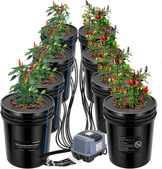 VIVOSUN DWC Hydroponics Grow System with Top Drip Kit, 5-Gallon Deep Water Culture, Recirculating Drip Garden System with Multi-Purpose Air Hose, Air Pump, and Air Stone (8 Buckets + Top Drip Kit)