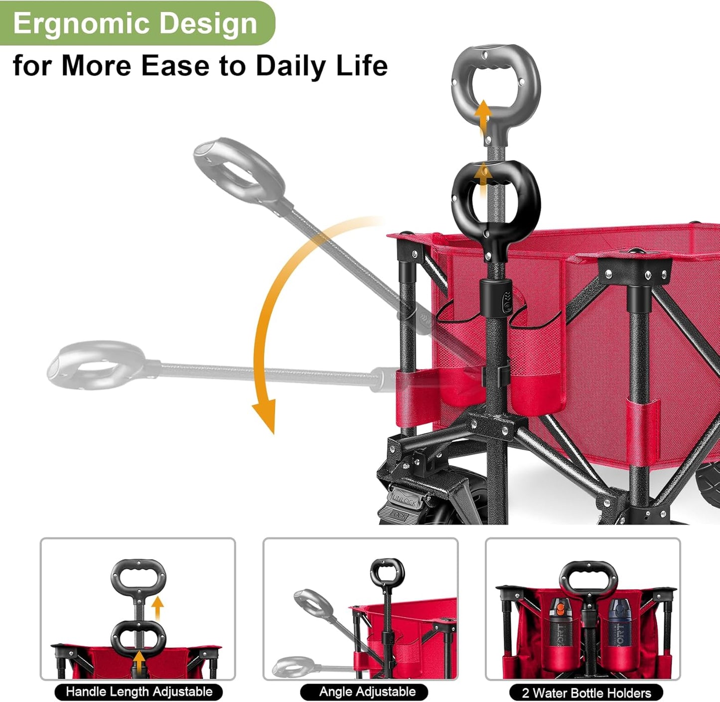 LUXCOL Collapsible Folding Wagon, Heavy Duty Utility Beach Wagon Cart for Sand with Big Wheels, Adjustable Handle&Drink Holders for Shopping, Camping,Garden and Outdoor