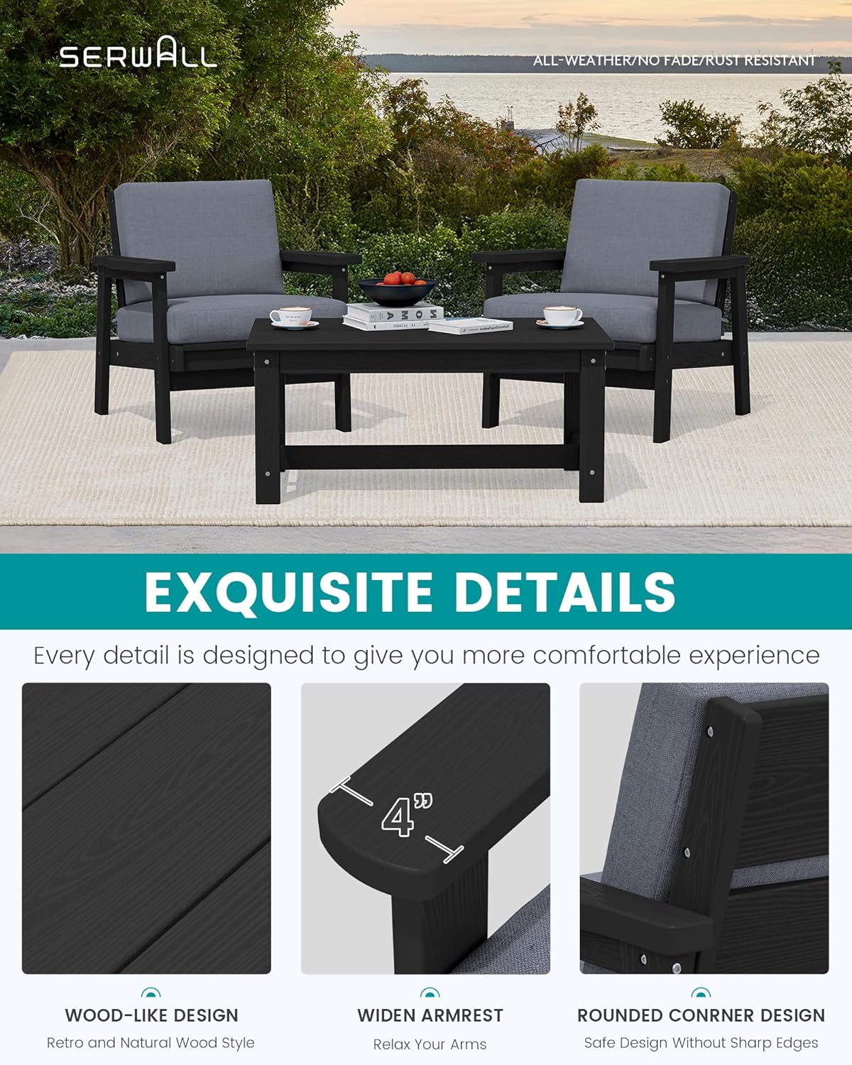 SERWALL HDPE Outdoor Couch, Black Frame and Grey Cushion