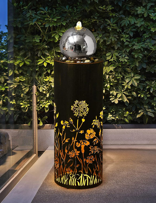 31.5” H Water Fountain Outdoor Garden Waterfall Fountains Indoor Outdoor Fountains and Waterfalls Modern Water Feature with Led Lights 2-Tier for Home Deck Porch Patio Backyard Decor