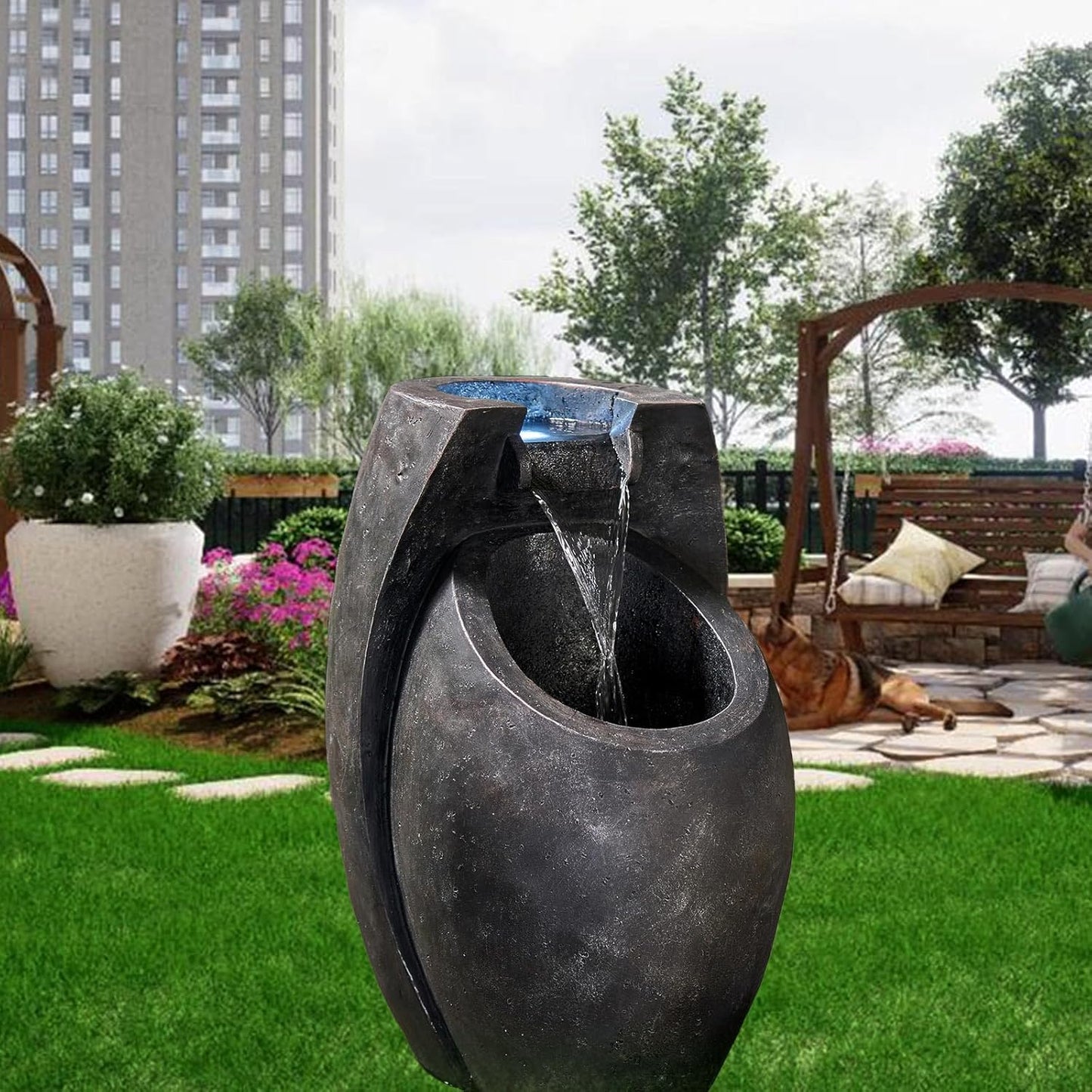 Backyard Water Fountain – 21.5” Tall Floor Standing Fountain, Indoor/Outdoor Modern Two-Tier Waterfall for Garden, Patio, or Yard Décor