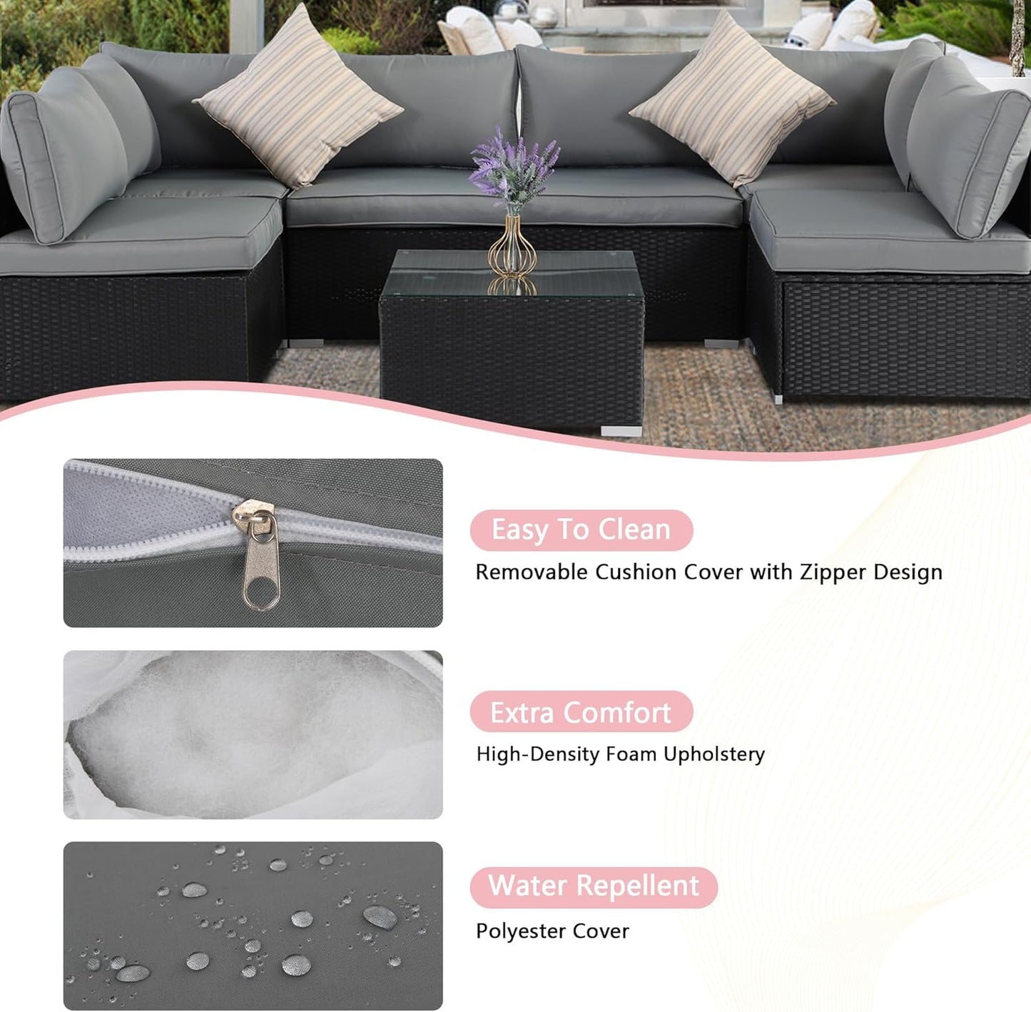 7-Piece Patio Furniture Set - Outdoor Sectional Sofa Set with Cushions and Glass-Top Coffee Table for Gardens, Poolside, Backyards and Porches, Black/Grey