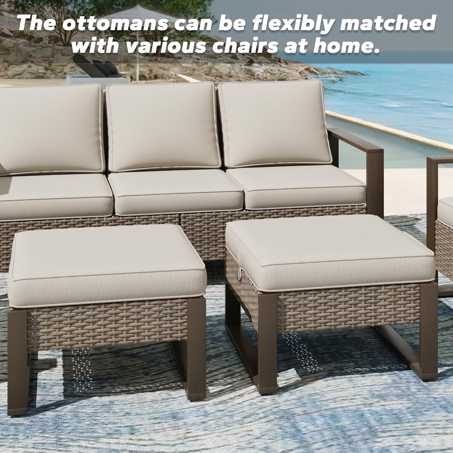 Patio Metal Wicker Ottoman Set of 2, Outdoor PE Rattan Footstools with Removable Cushions & Wood Looking Metal Steel Framed Legs for Garden Backyard Porch Deck, Beige