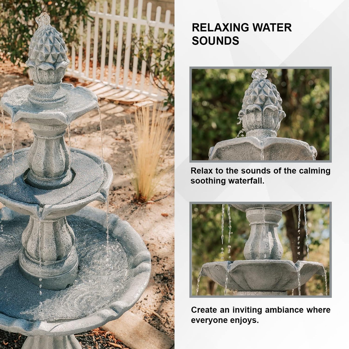 XBrand 3-Tier Freestanding Waterfall Fountain w/Pump & Pineapple Top, 51 Inch Tall, Grey, Large Outdoor Garden Fountain, Ideal for Garden, Porch, and Lawn