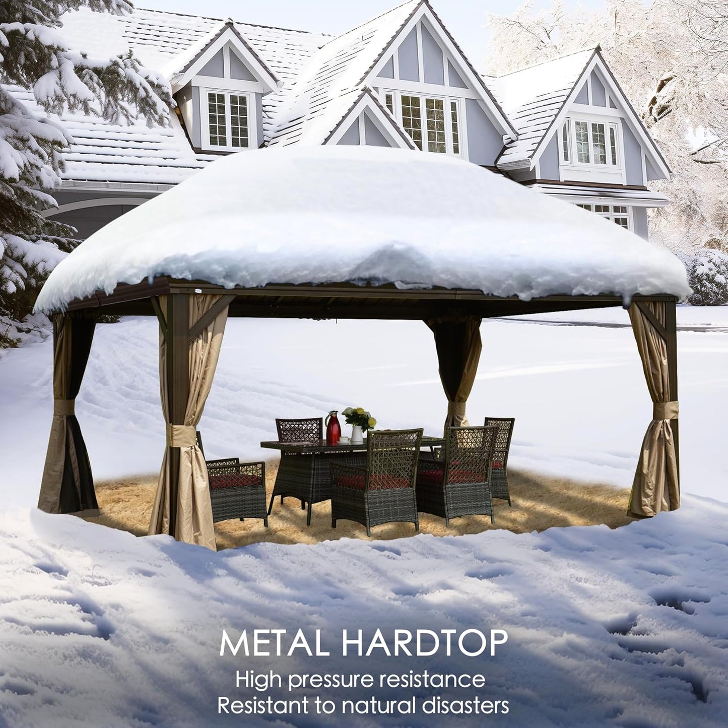 Kozyard Alexander 12‘ X 16’ Hardtop Aluminum Permanent Gazebo with a Mosquito Net and Privacy Sidewalls, Permanent Gazebo Pavilion for Patio, Backyard (Alexander 12'x16' (Brown))