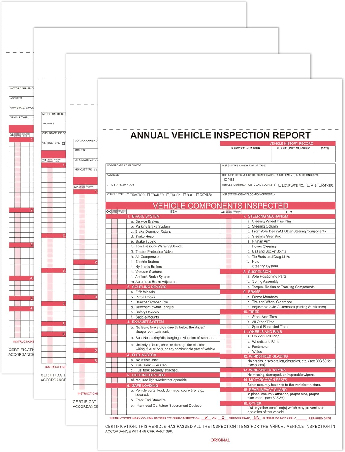 Annual Vehicle Inspection Report (30Pc Red 2+3-Ply Carbonless)