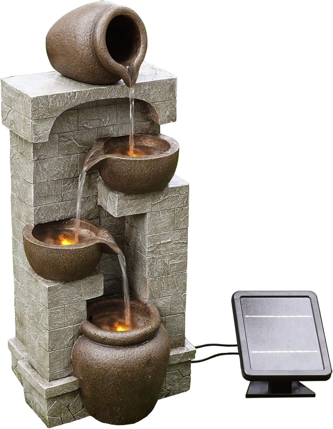 Teamson Home 28 in. Cascading Bowls and Stacked Stones LED Outdoor Water Fountain for Outdoor Living Spaces to Create a Calming Oasis in Gardens and Landscaping, on Patios, Balconies, Lawns, Brown