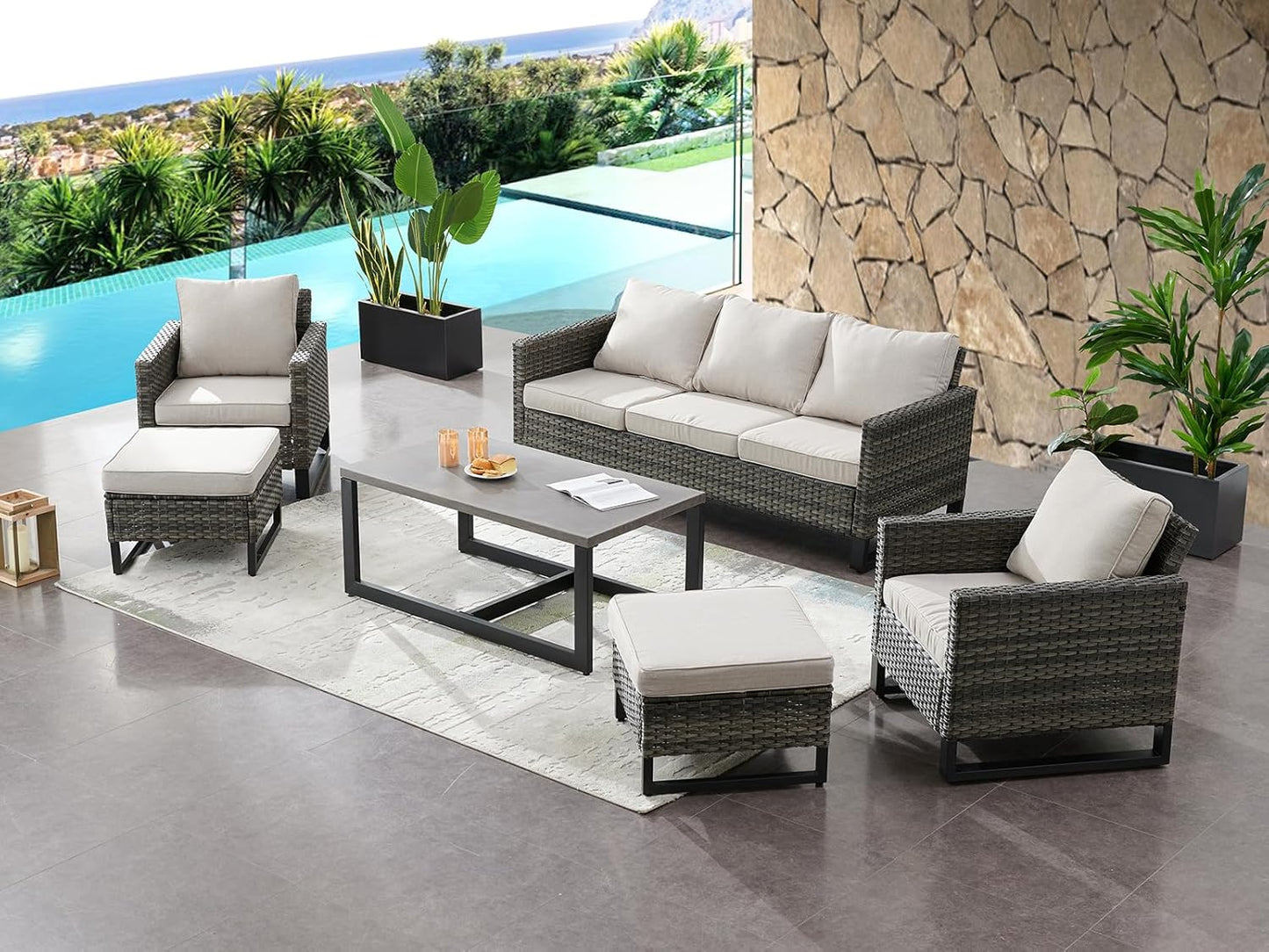 HUMMUH 6 Piece Patio Furniture All Weather Wicker Outdoor Sectional Sofa,High Back Patio Chairs,Coffee Table and Ottomans Set for Porch,Garden,Backyard