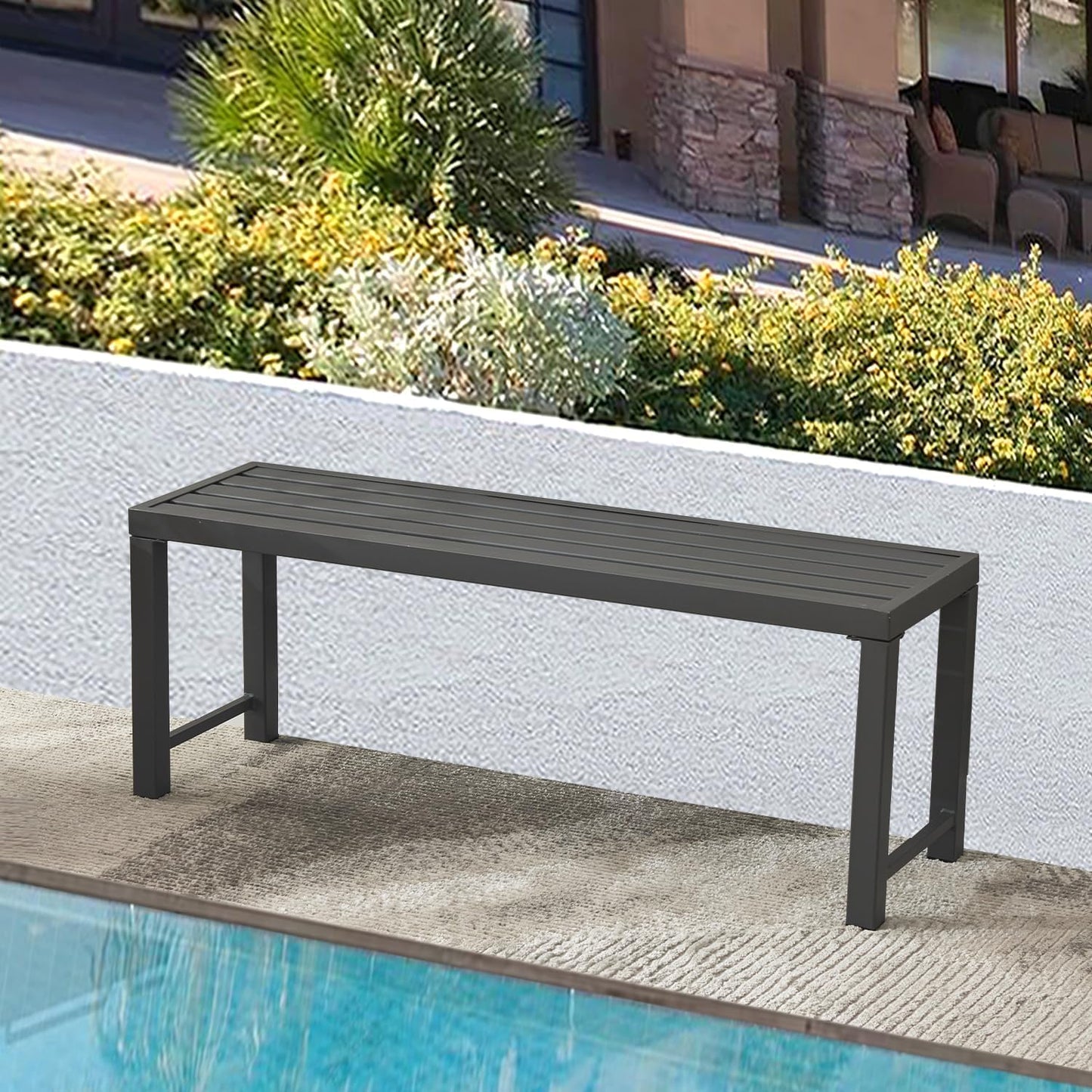Outdoor Metal Backless Bench, 46" Patio Garden Bench for Outdoor, All Weather Outdoor Bench for Garden, Backyard, Porch, Grey
