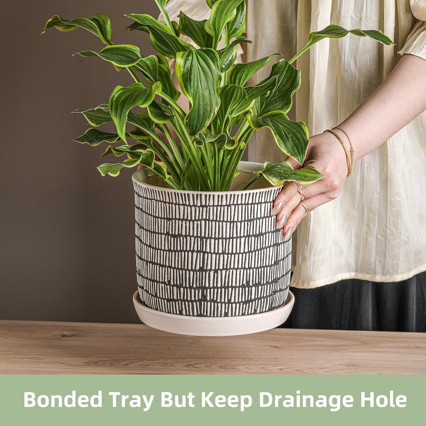 8 Inch Plant Pot: Ceramic Planter with Drainage Hole & Saucer for Indoor Outdoor Plants - Flowerpot with Bonded Tray for Home Office - Mixed Stripe Debossed