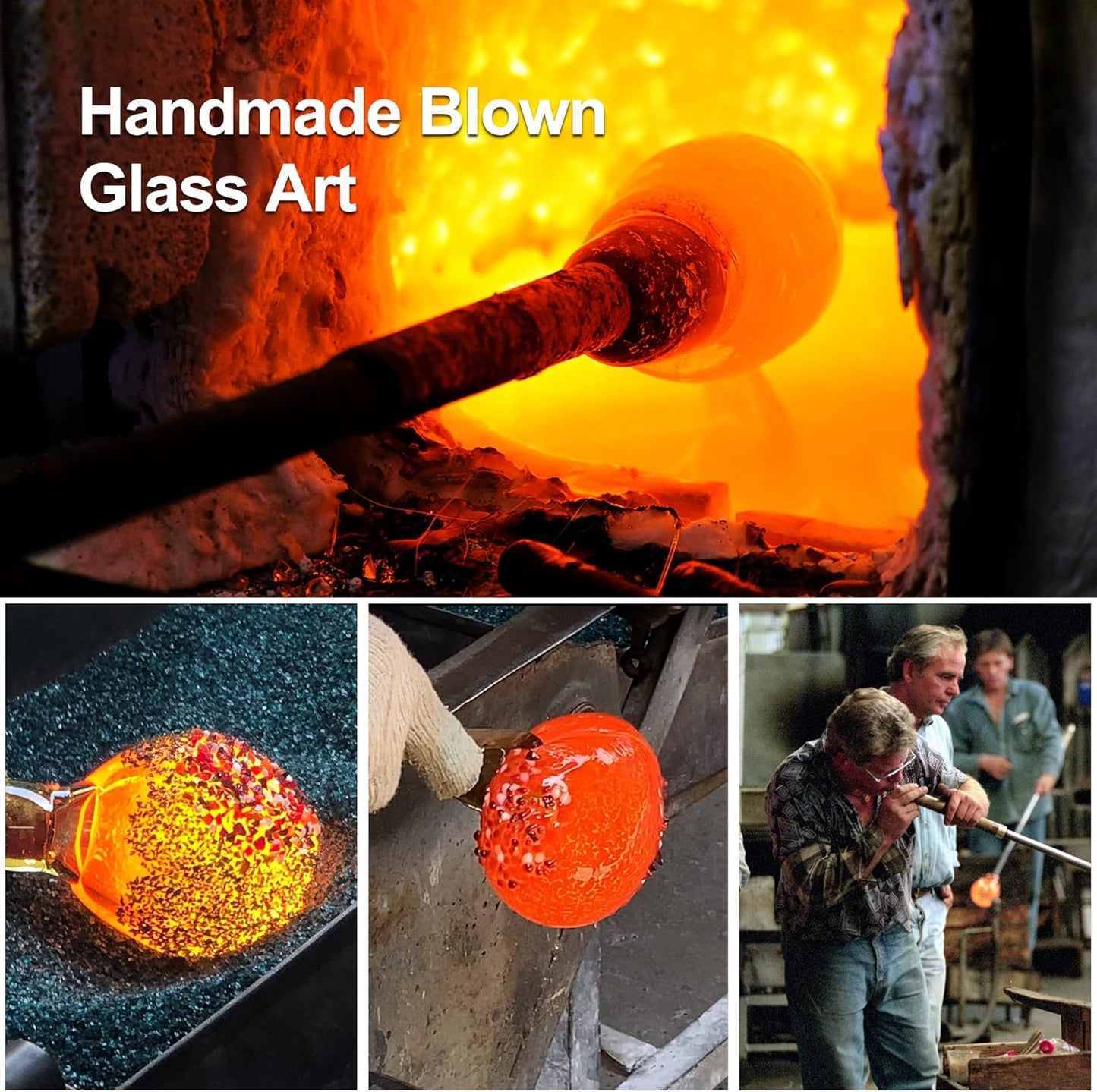 LUJII Hand Blown Glass Hummingbird Feeder for Outdoors with Ant Moat, Leak Proof & Rustproof, 25 fl.oz, Metal Base Cover with 5 Feeding Ports & Perches, Glass Art for Garden Decor (Blue Mixed Yellow)