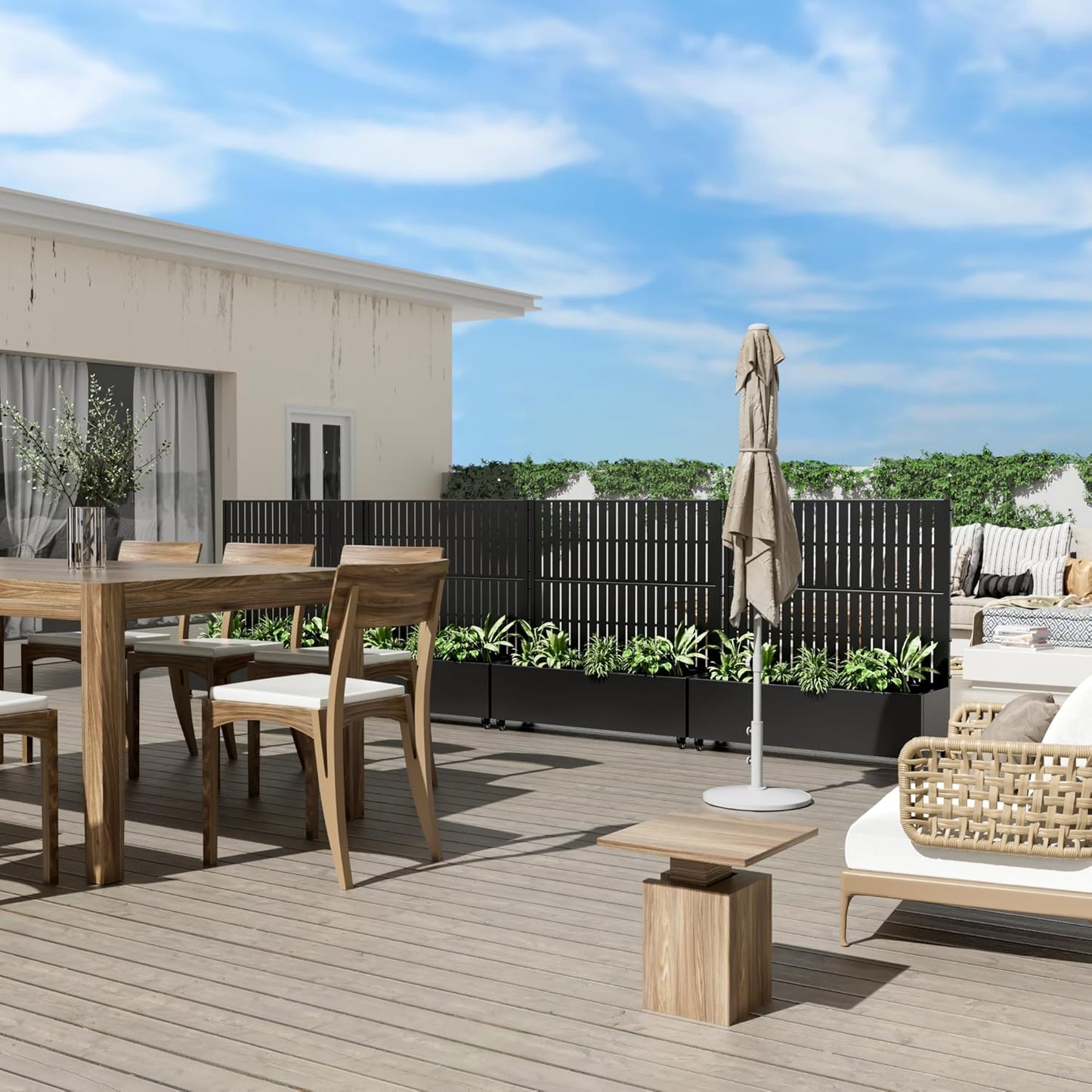 Casaphoria Metal Raised Garden Bed with Trellis and Wheels, 47"x47"x16" Planter Box for Climbing Plants, Vegetables & Vines, Features Drainage Holes and Privacy Screen (Black-Fence)