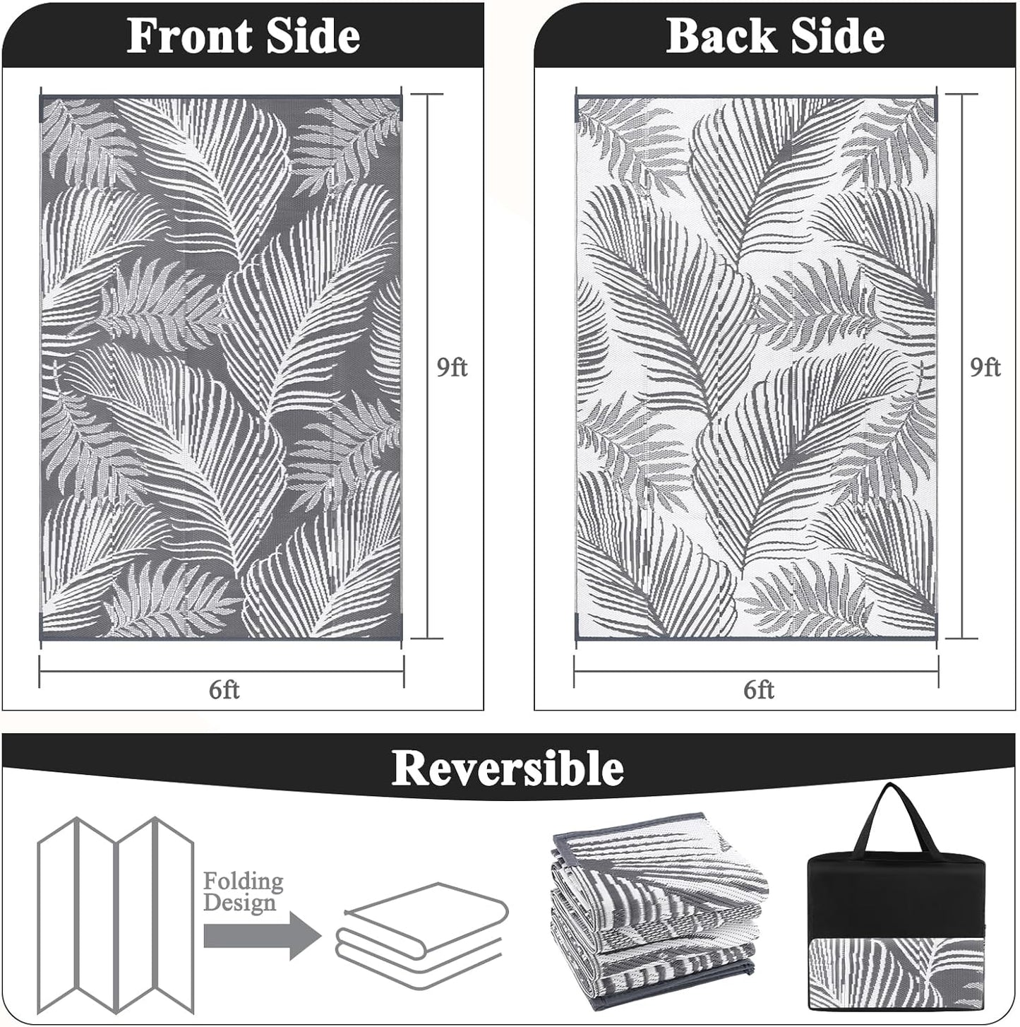 Pauwer Waterproof Outdoor Rug 6x9, Reversible Plastic Straw Patio Camping Rug, Indoor Outdoor RV Mat Carpet for Deck, Camper, Porch, Balcony, Backyard, Picnic, Leaf Grey