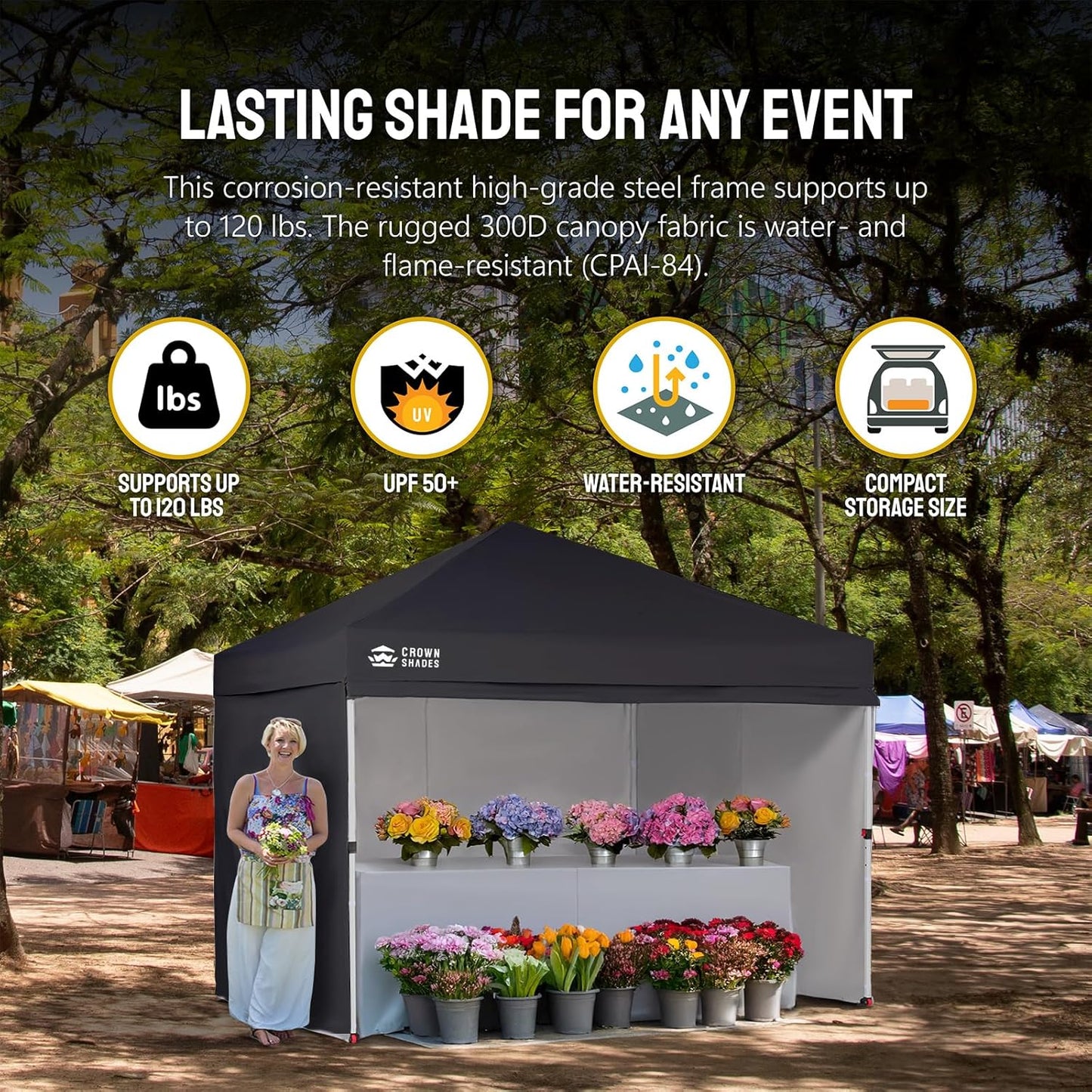 CROWN SHADES 10X10 Comercial Instant Canopy Pop Up Tent with Center Lock (10x10 with 4 Sidewalls, Black)