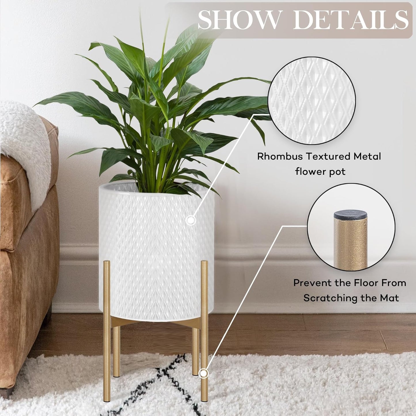 Oakrain Mid Century Planters for Indoor Plants, Set of 2, Modern Decorative Metal Planters for Living Room, Office, Garden or Balcony, White Planters with Stands, 10 inch & 12 inch