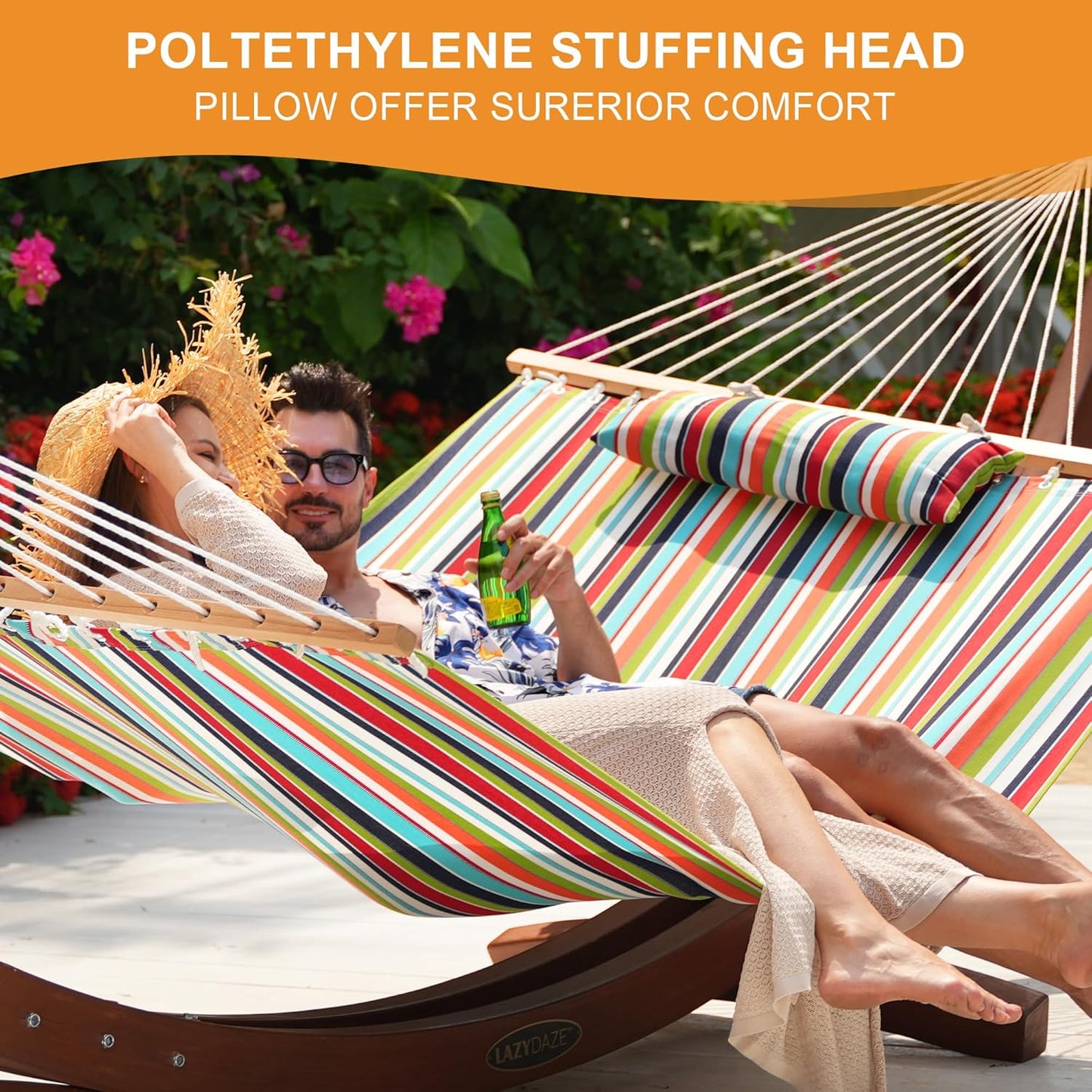 Lazy Daze 12 FT Sunbrella Fabric Hammock with Spreader Bars and Free Pillow Fits for Two Persons, All Weather and Fade Resistant for Patio Yard, 450 lbs Weight Capacity, Carousel Confetti