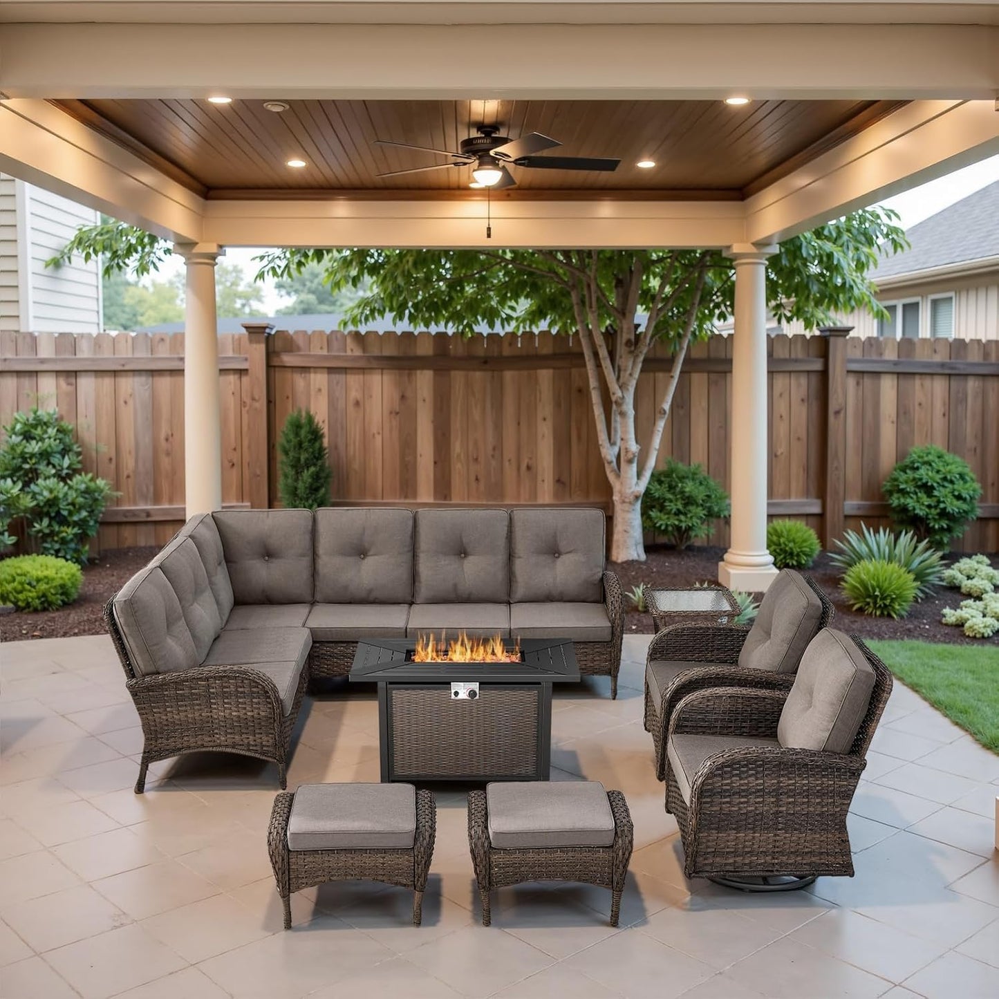 8 Pieces Patio Conversation Set with 43” Propane Fire Pit Table, Outdoor Sectional Furniture Sofa Set with Removable Cushions for Patio Deck Backyard Brown