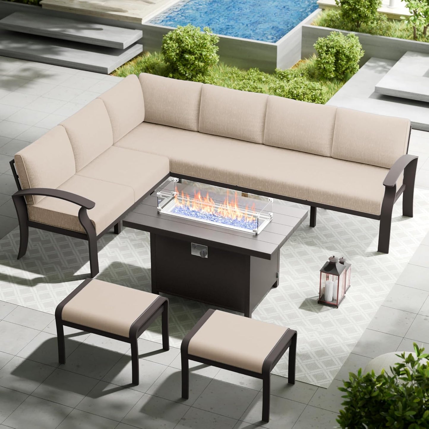 Aluminum Patio Furniture Set with Fire Pit Table, 8 Seats Outdoor Patio Conversation Set Modern Metal Patio Sectional Sofa w/5.1" Upgrade Cushions for Porch, Patio, Backyard(Sand).